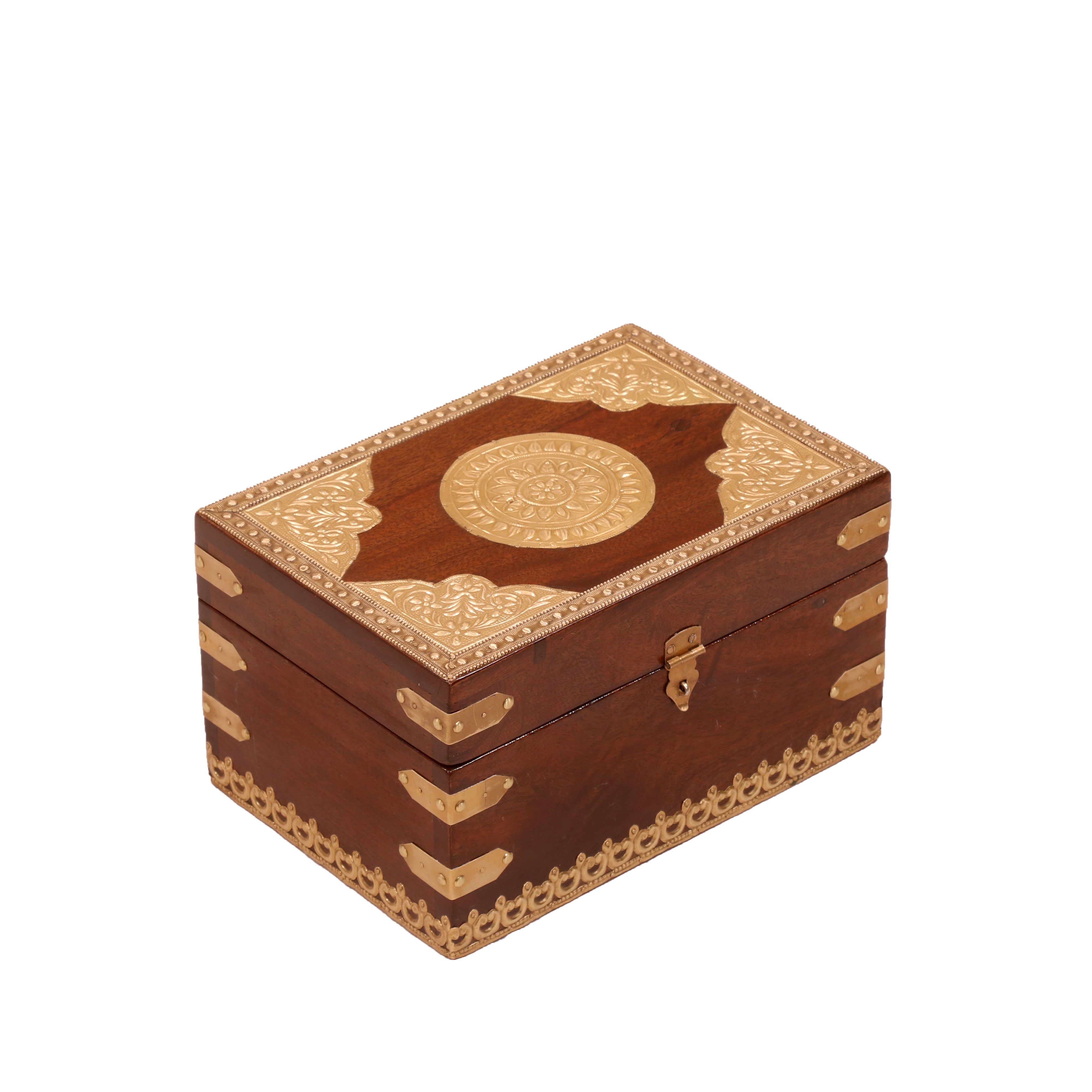 Golden Toned Handmade Brass Fitted Wooden Jewelry Box for Home Wooden Box