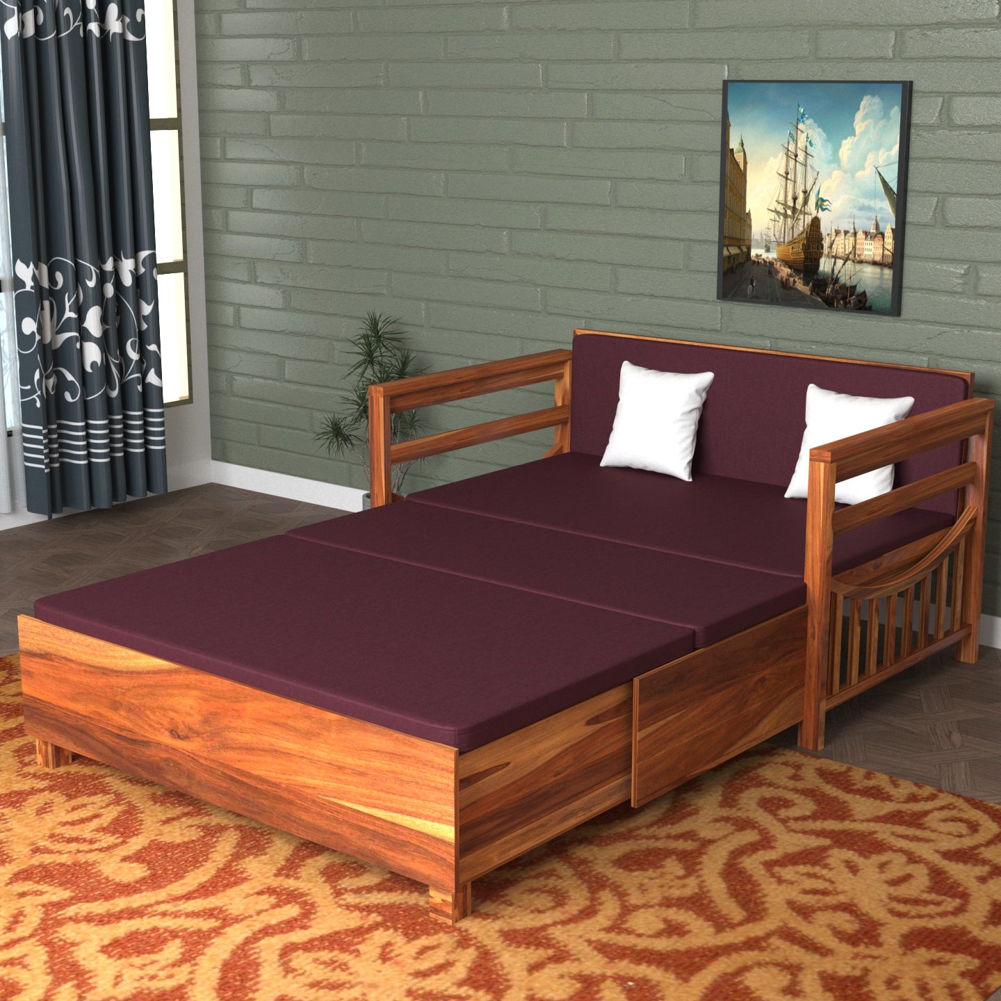 Dark Mehroon Vintage Wooden Sofa Cum Bed Sofa