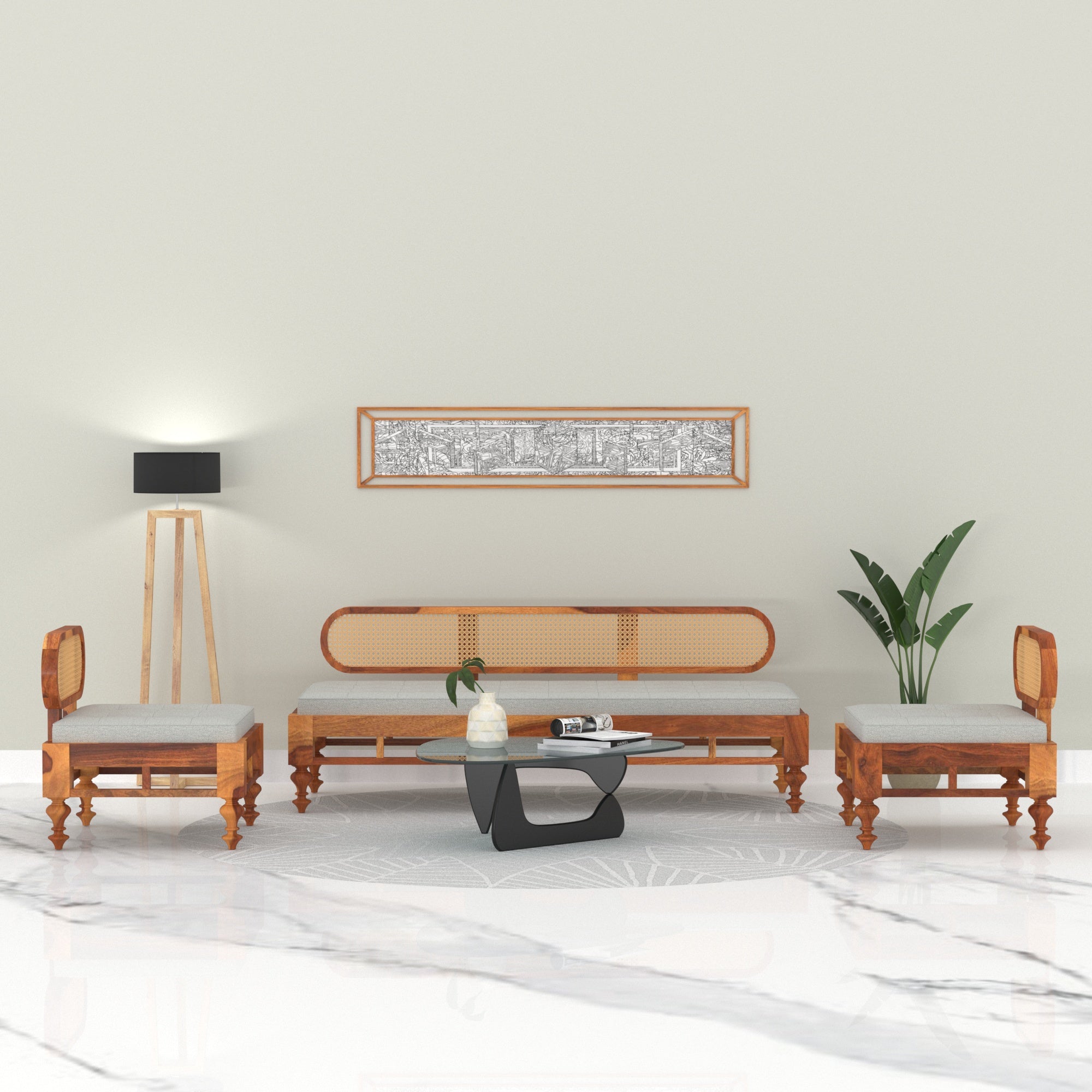 Simple Decent Cane Style Handmade Wooden Sofa Set Sofa