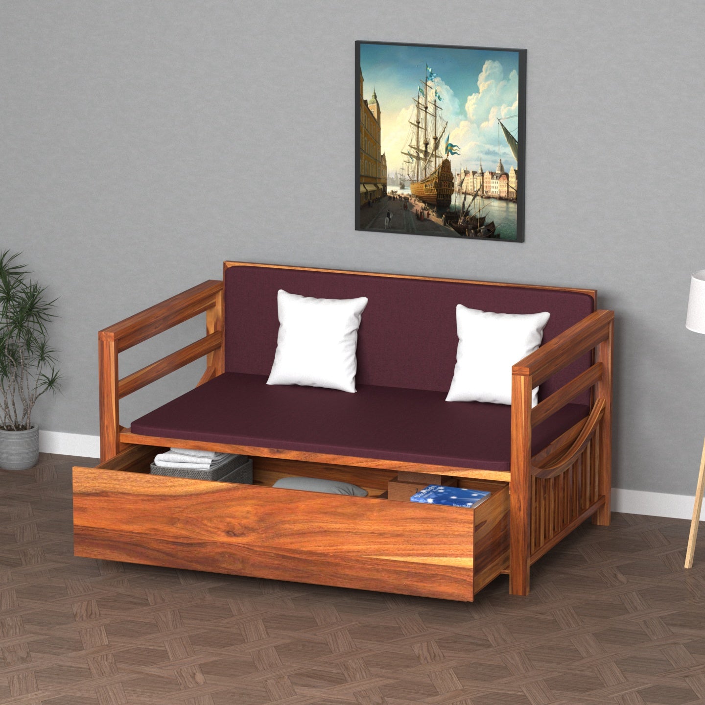 Dark Mehroon Vintage Wooden Sofa Cum Bed Sofa