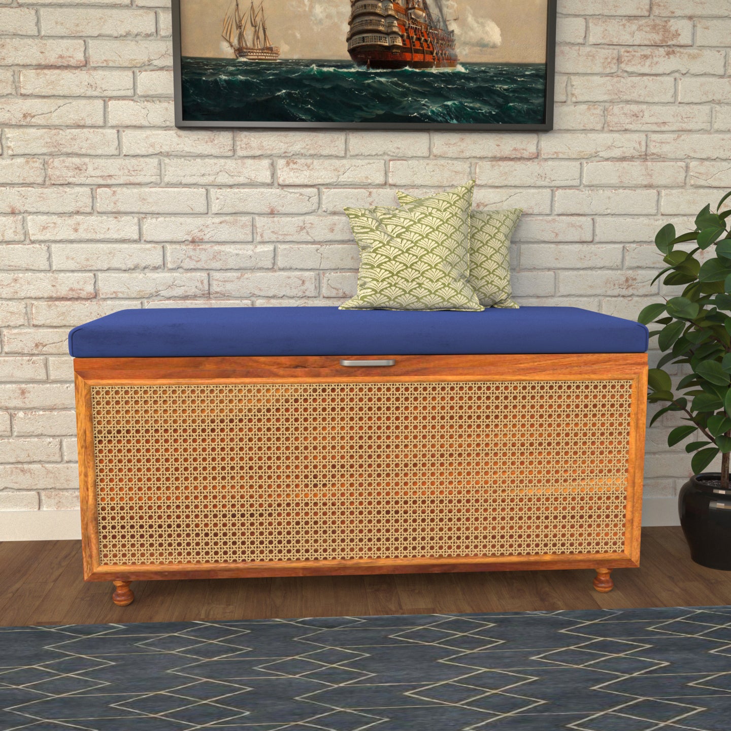 Elegant True Handmade Wooden Sitting Bench with Cane Storage Bench