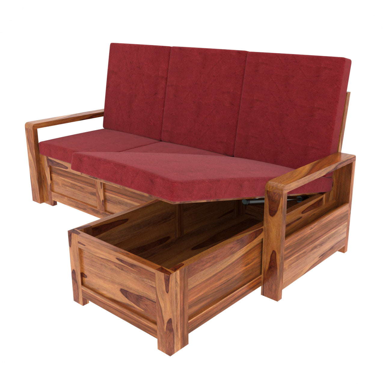 Royal Red Wooden Premium 3 Seater Sofa with Bed Storage Sofa