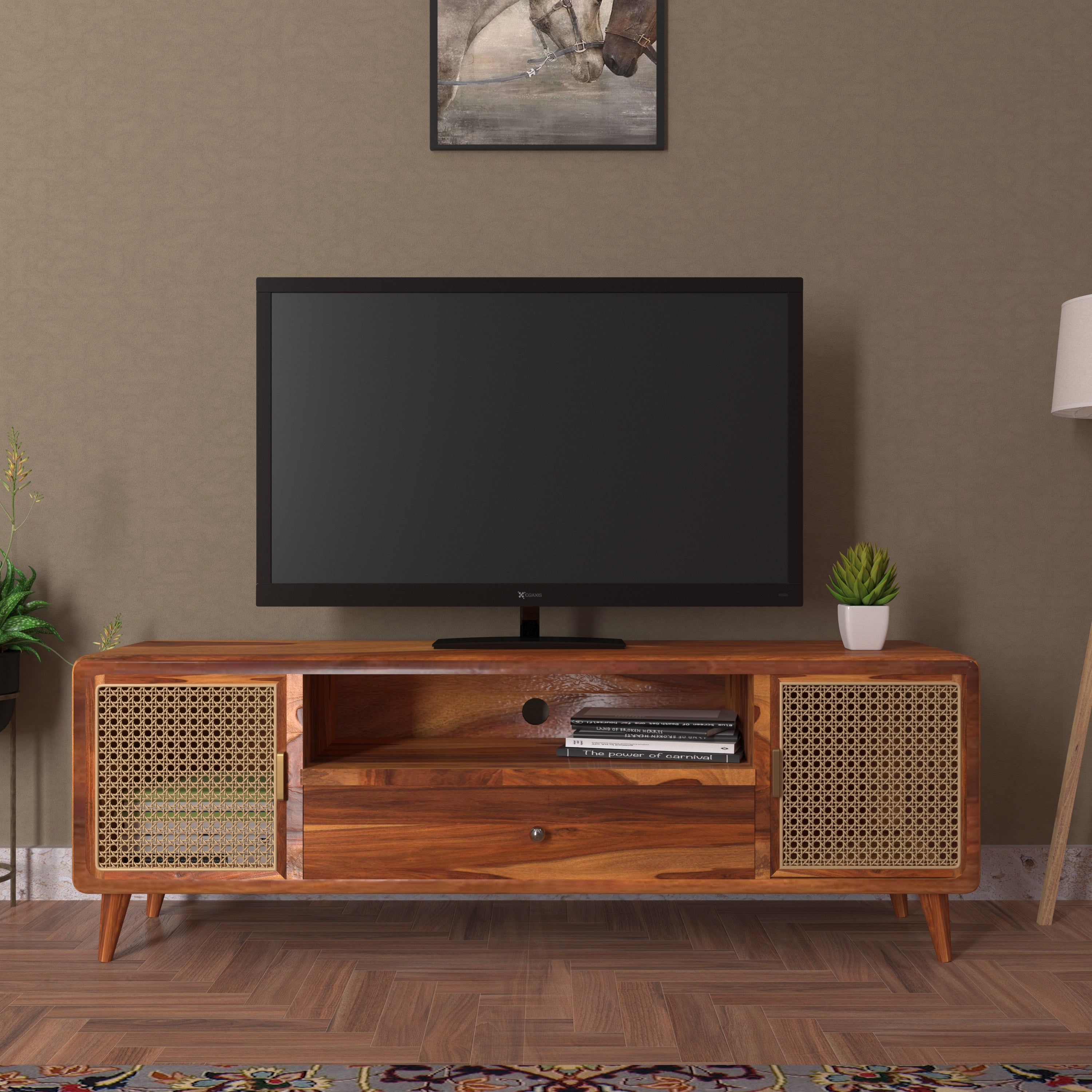 Premium Aesthetic Dark Handmade Wooden Cane TV Stand for Home Tv stand