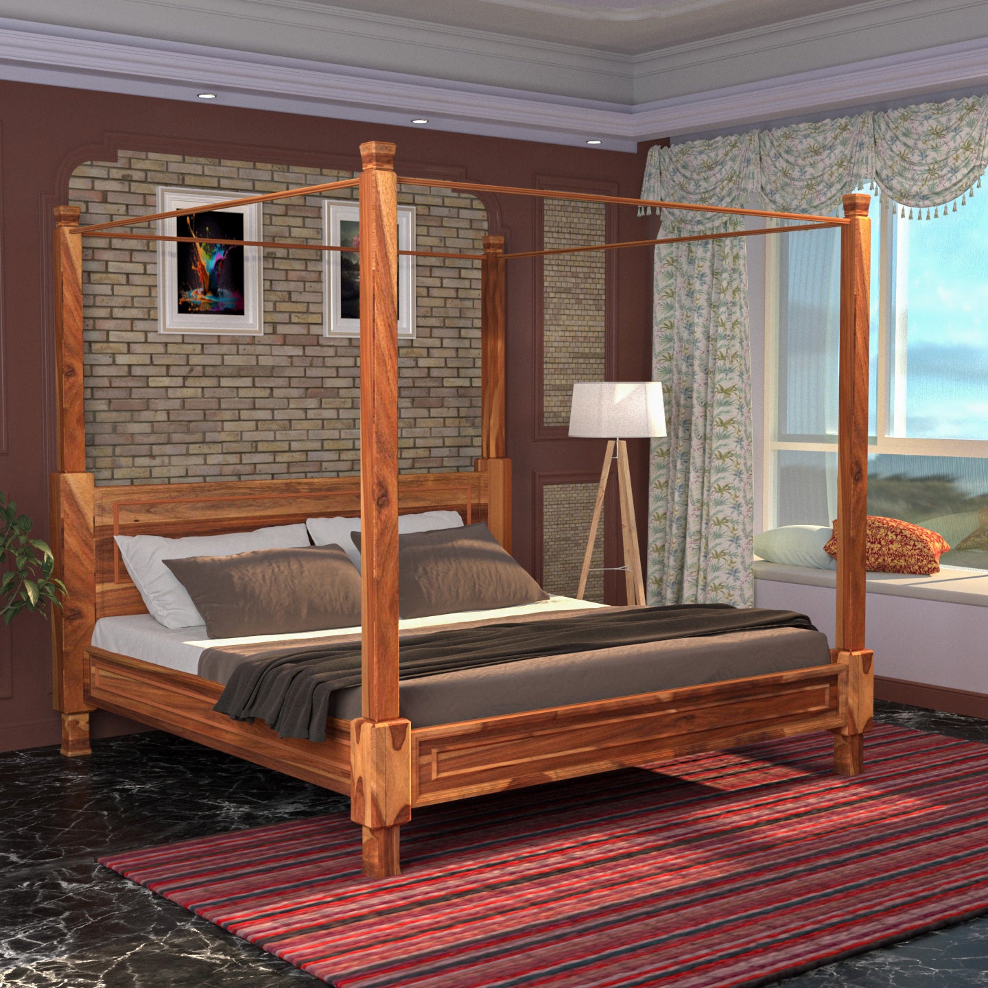 Classic Heritage Look Long Pillar Roof Wooden Vintage Bed Bed