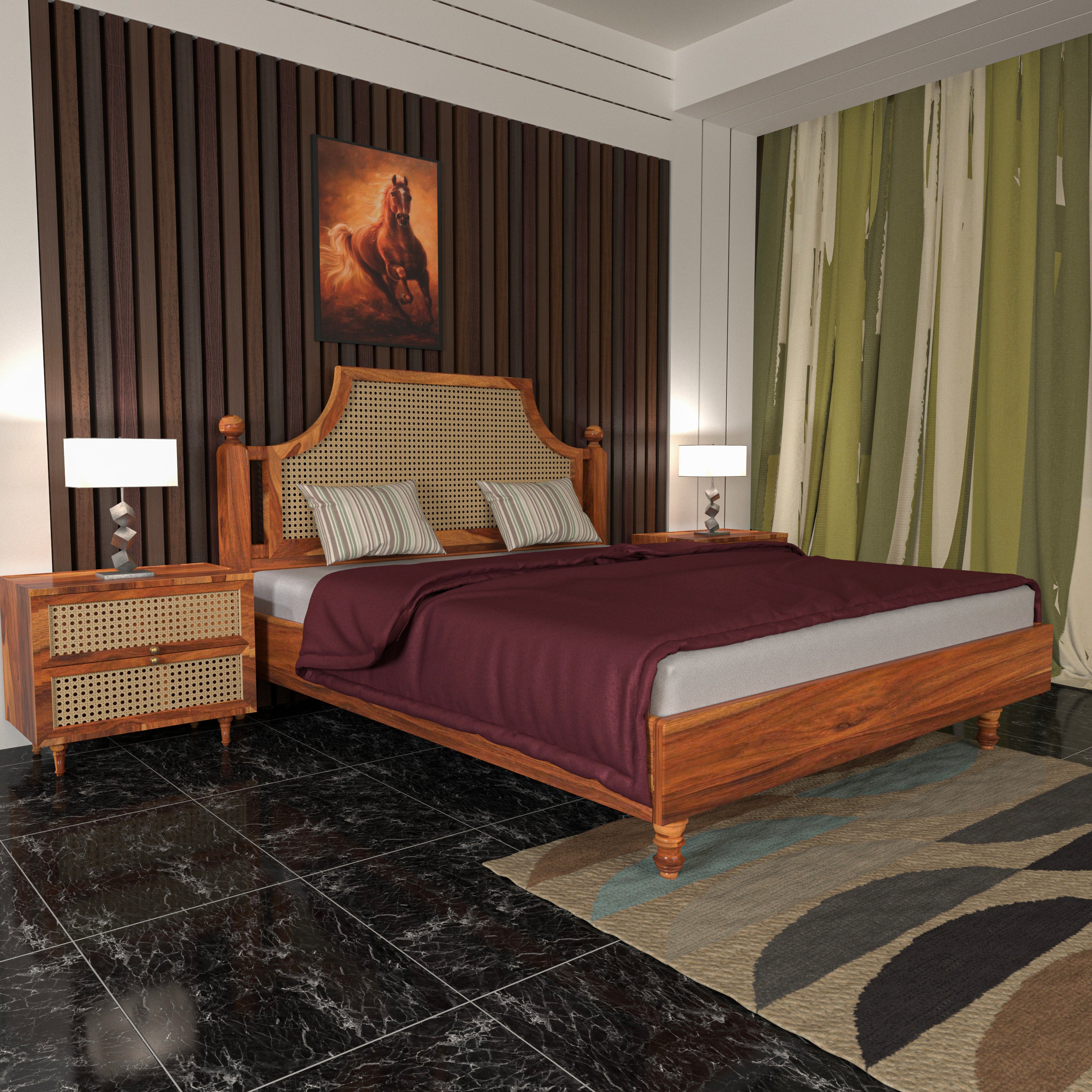 Vintage Bourbon Style Wooden Handmade Bed with Cane Storage Bedside Bedroom Furniture Sets