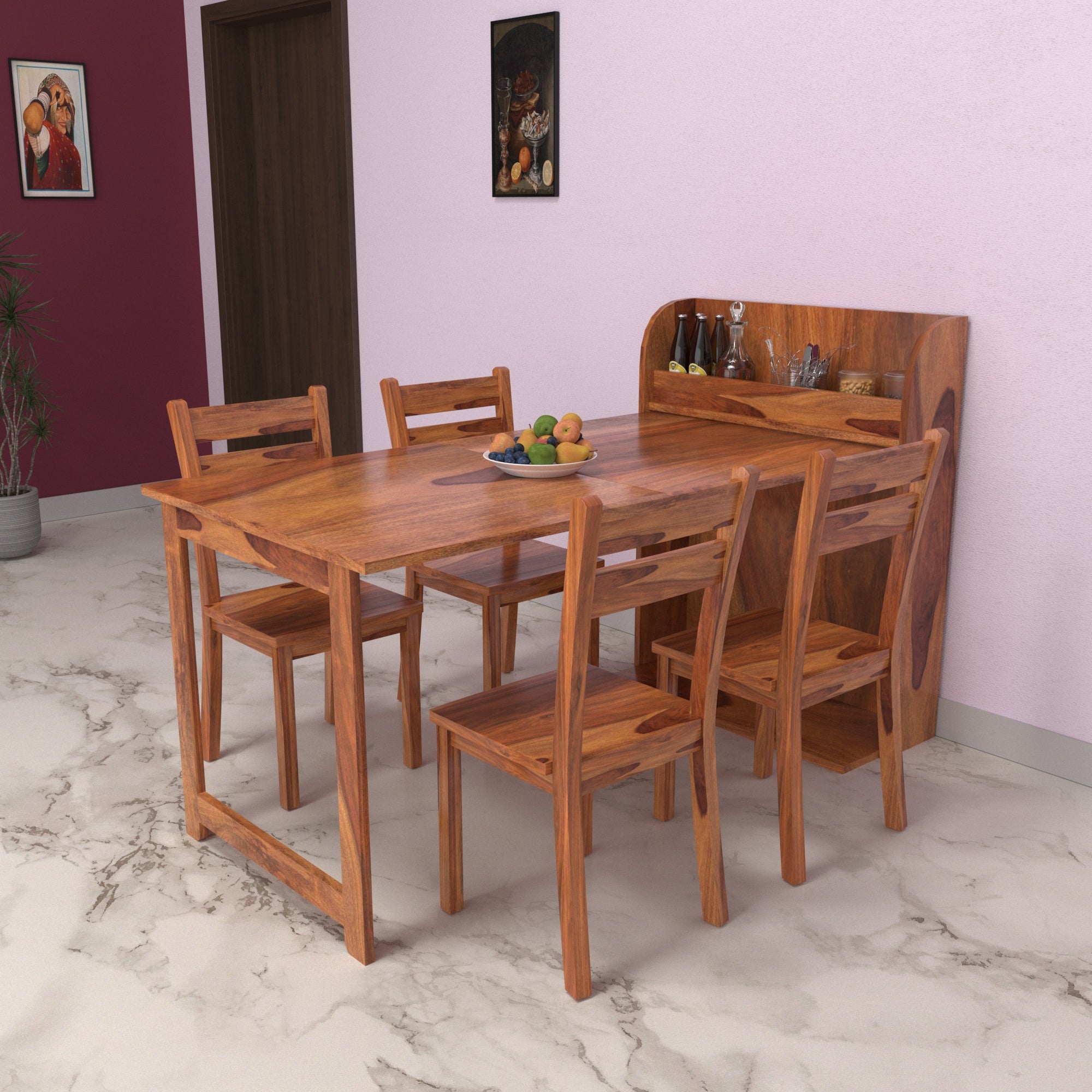 Natural Brown Light Finished Handmade Wooden Dining Set with Storage Rack Dining Set