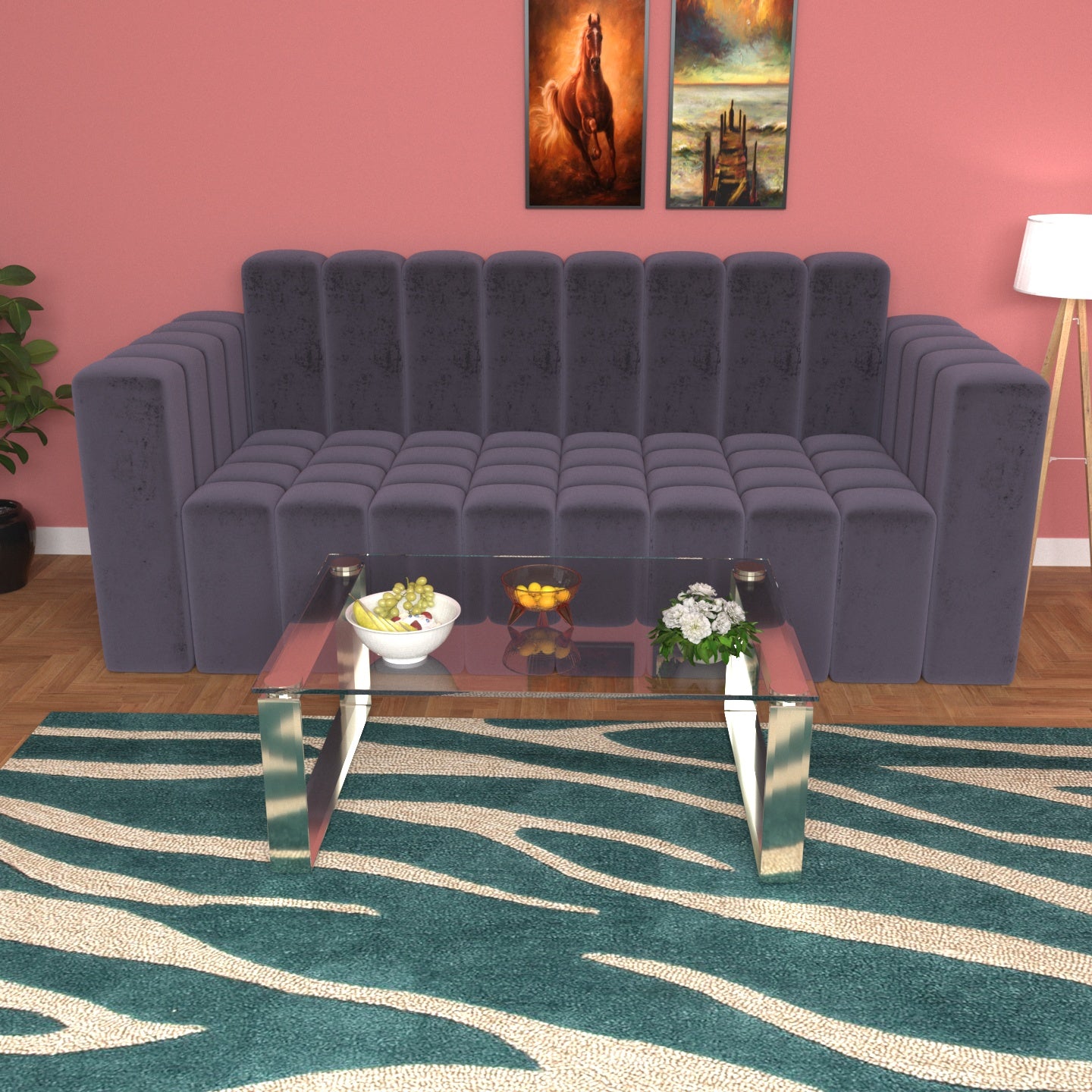 Strip Style Peter Plum Shaded Wooden 3 Seater Sofa Sofa