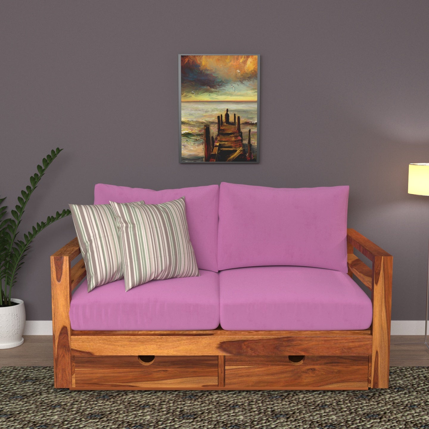 Dark Pink Vintage Wooden Sofa Cum Bed Sofa