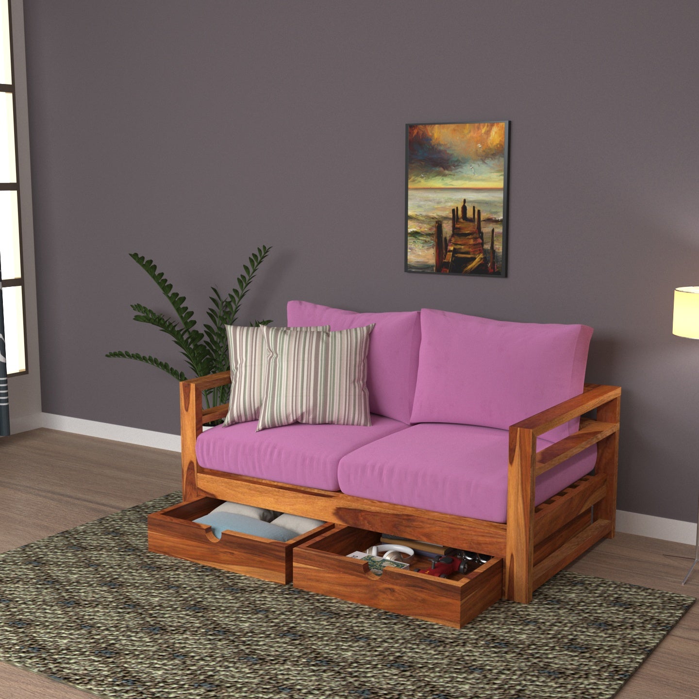 Dark Pink Vintage Wooden Sofa Cum Bed Sofa