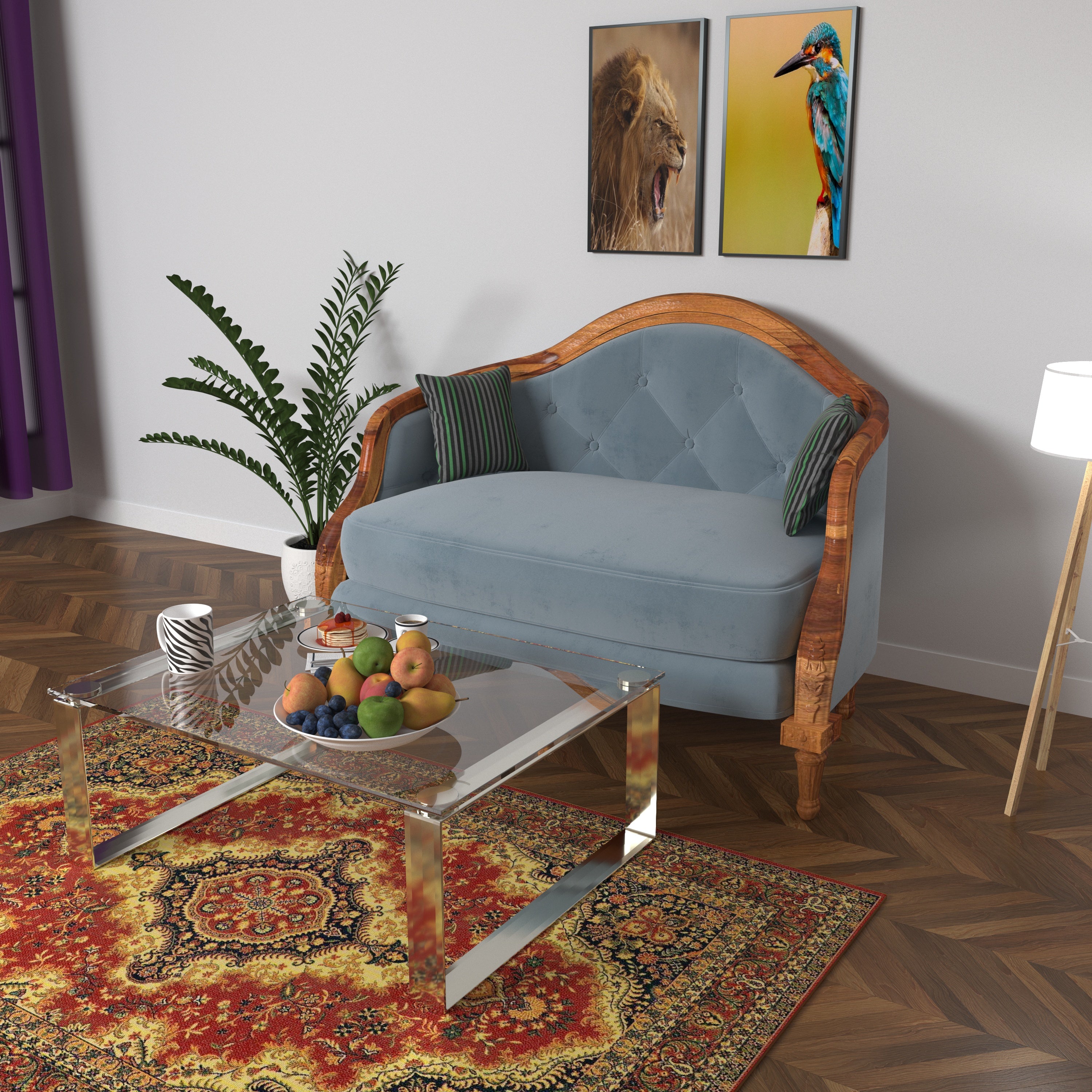 Saffron Blue Double Seater Wooden Vintage Sofa Sofa