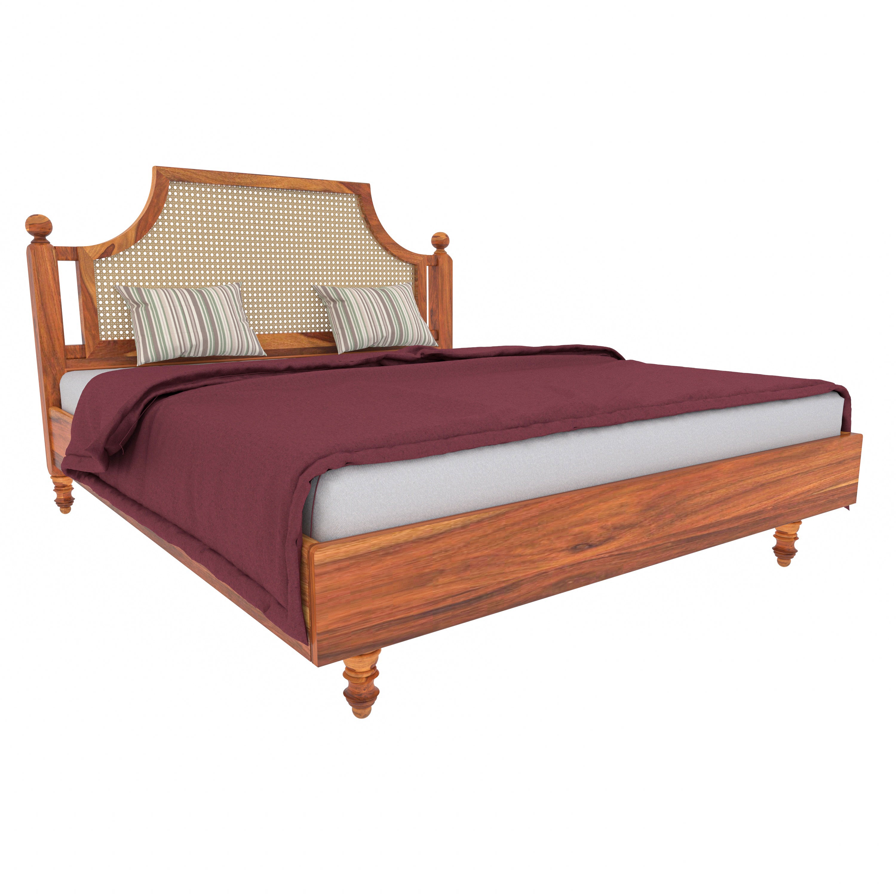 Vintage Bourbon Style Wooden Handmade Bed with Cane Storage Bedside Bedroom Furniture Sets