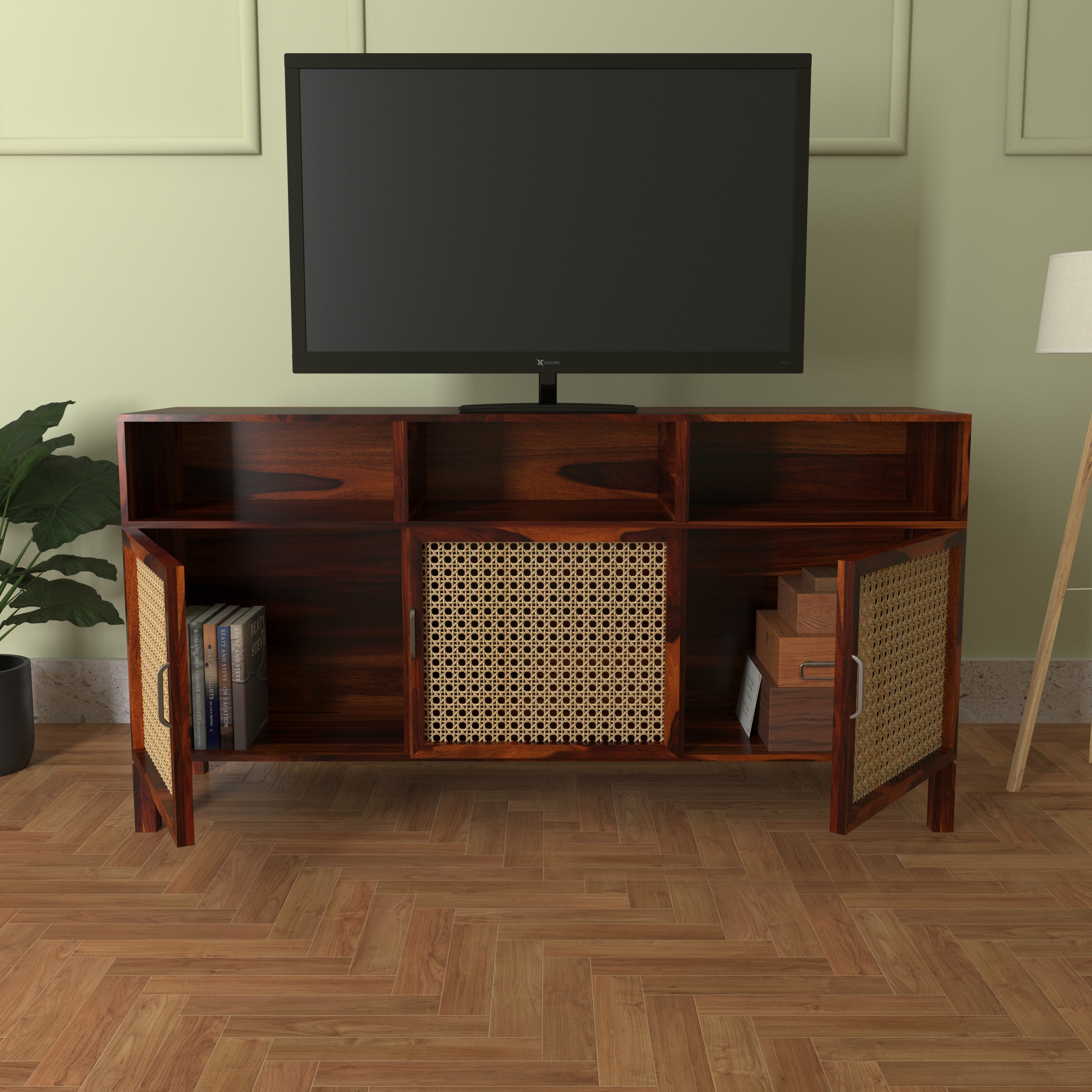 Dark Mahogany Heritage Cane Style Handmade Wooden TV Stand for Home Tv stand