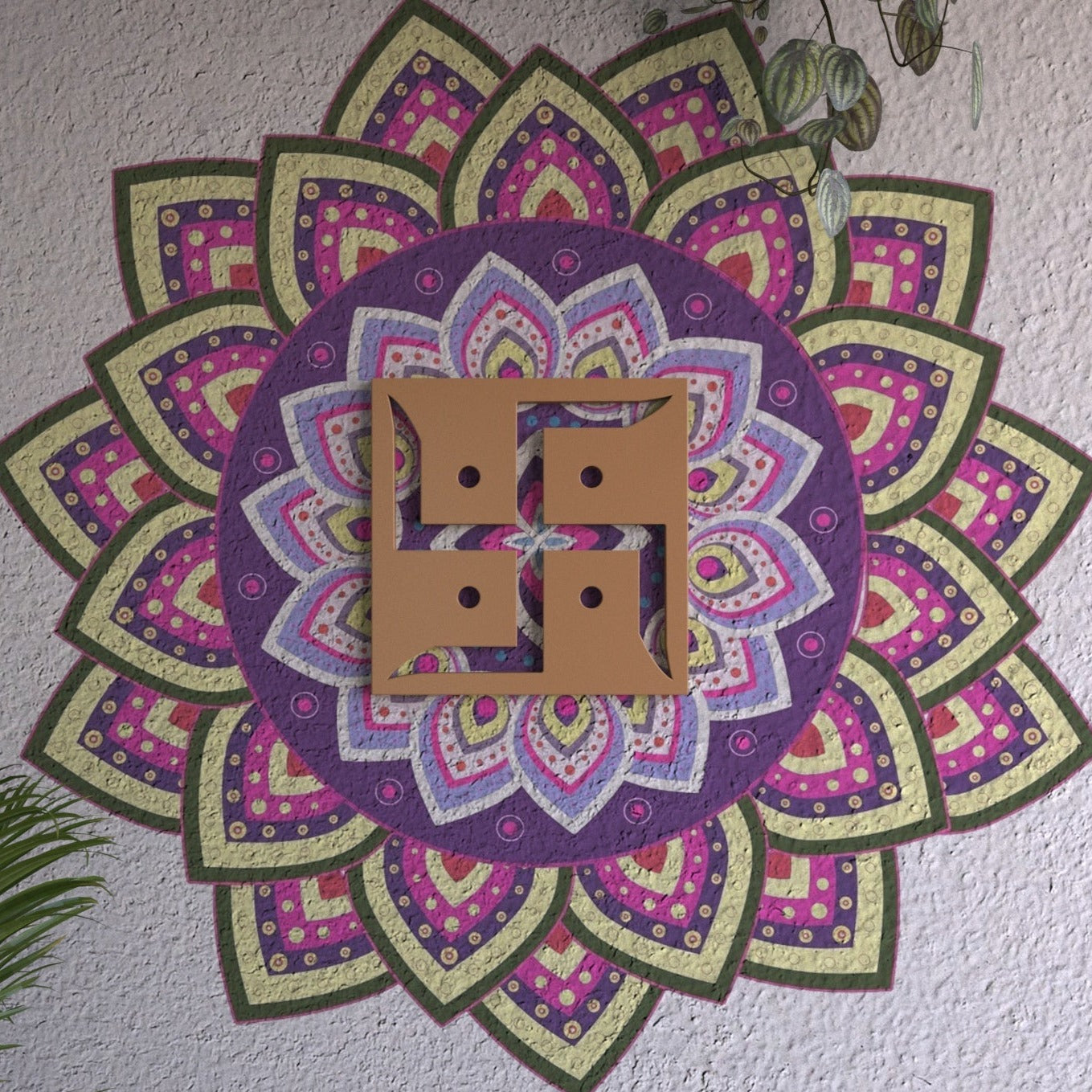 Melodious Yellow Vintage Natural Wooden Swastik Wall Decor