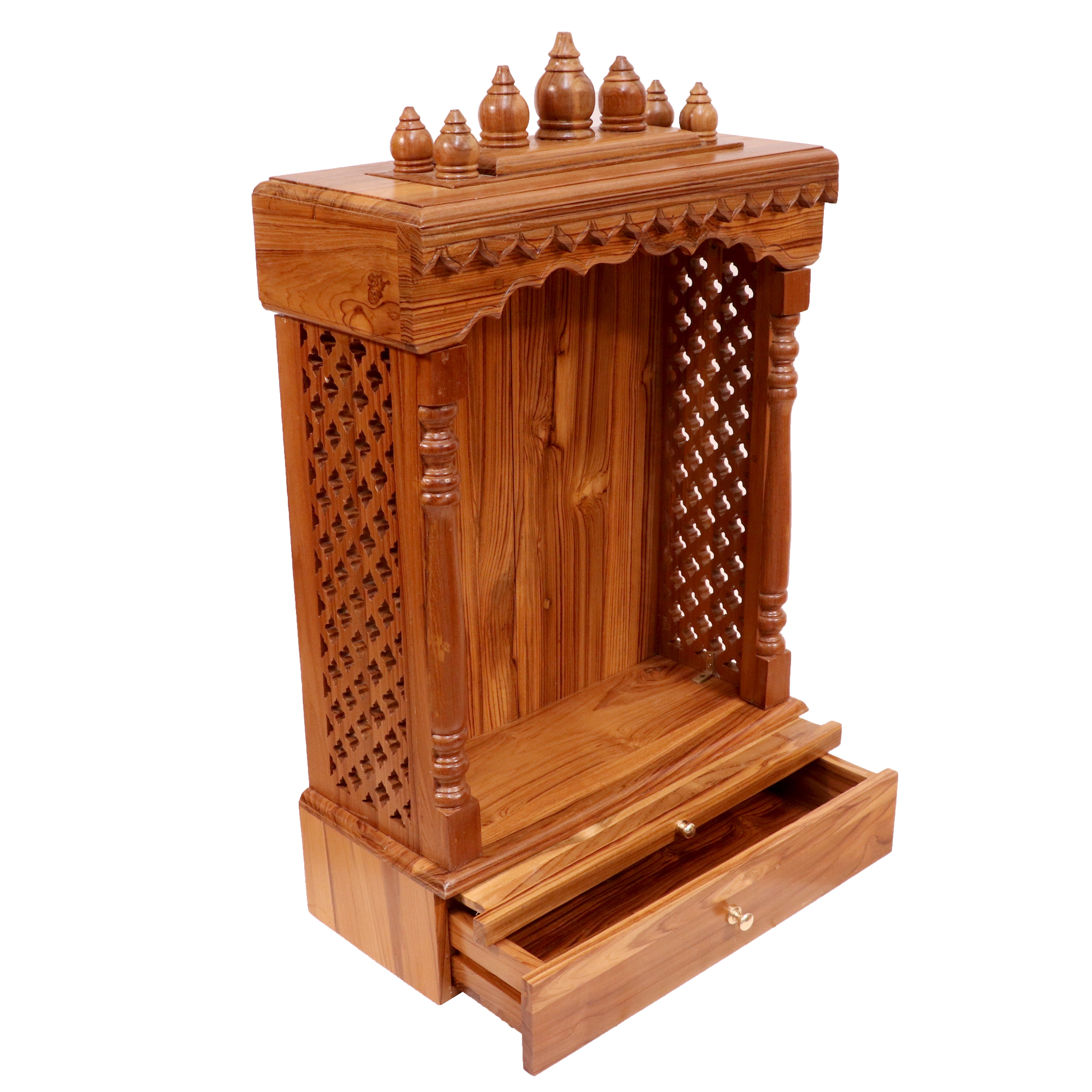 Vintage Tone Finish with Carved Jali Handmade Wooden Temple for Home Temple