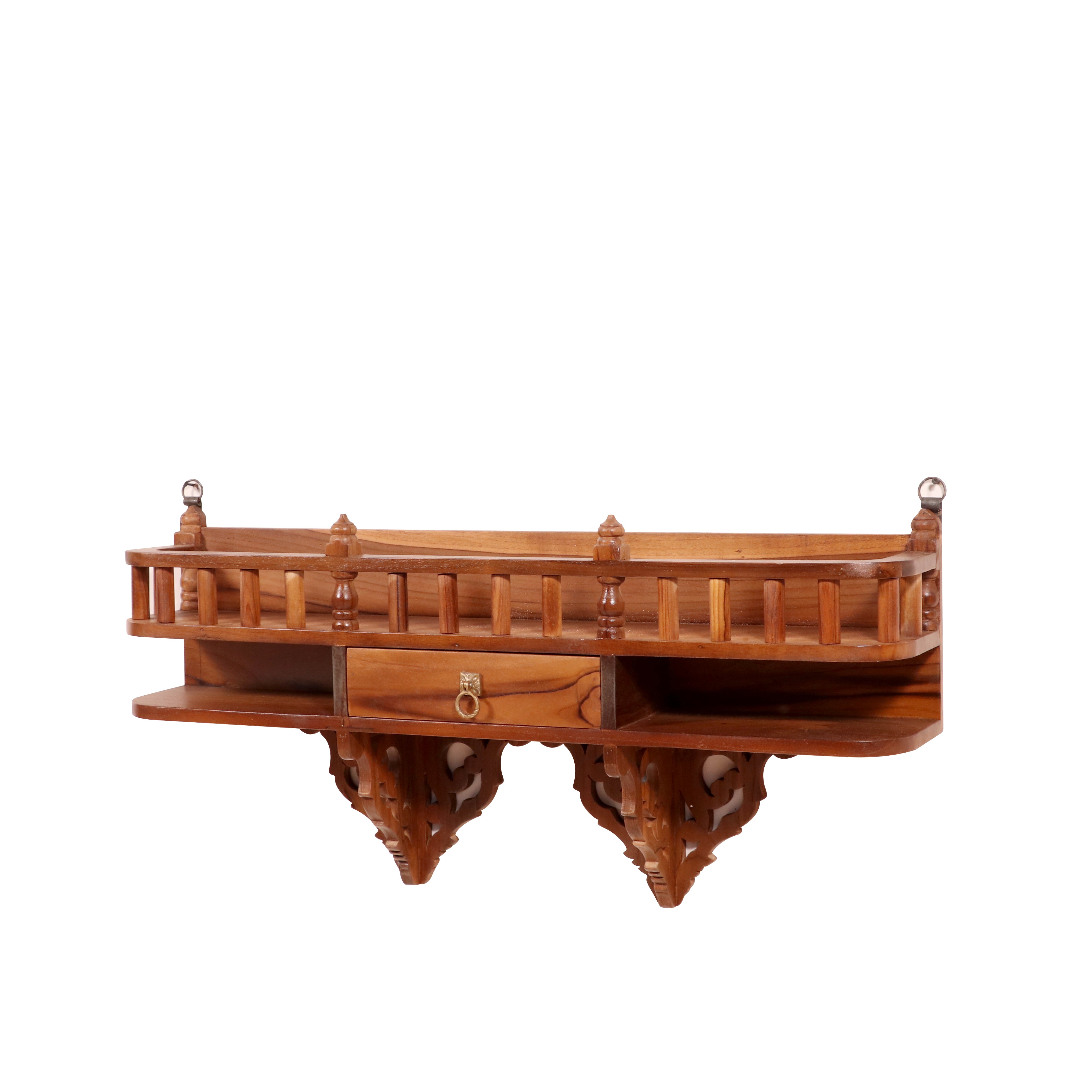 Teak wood wall rack (Bracket) with single drawer & traditional railing Rack