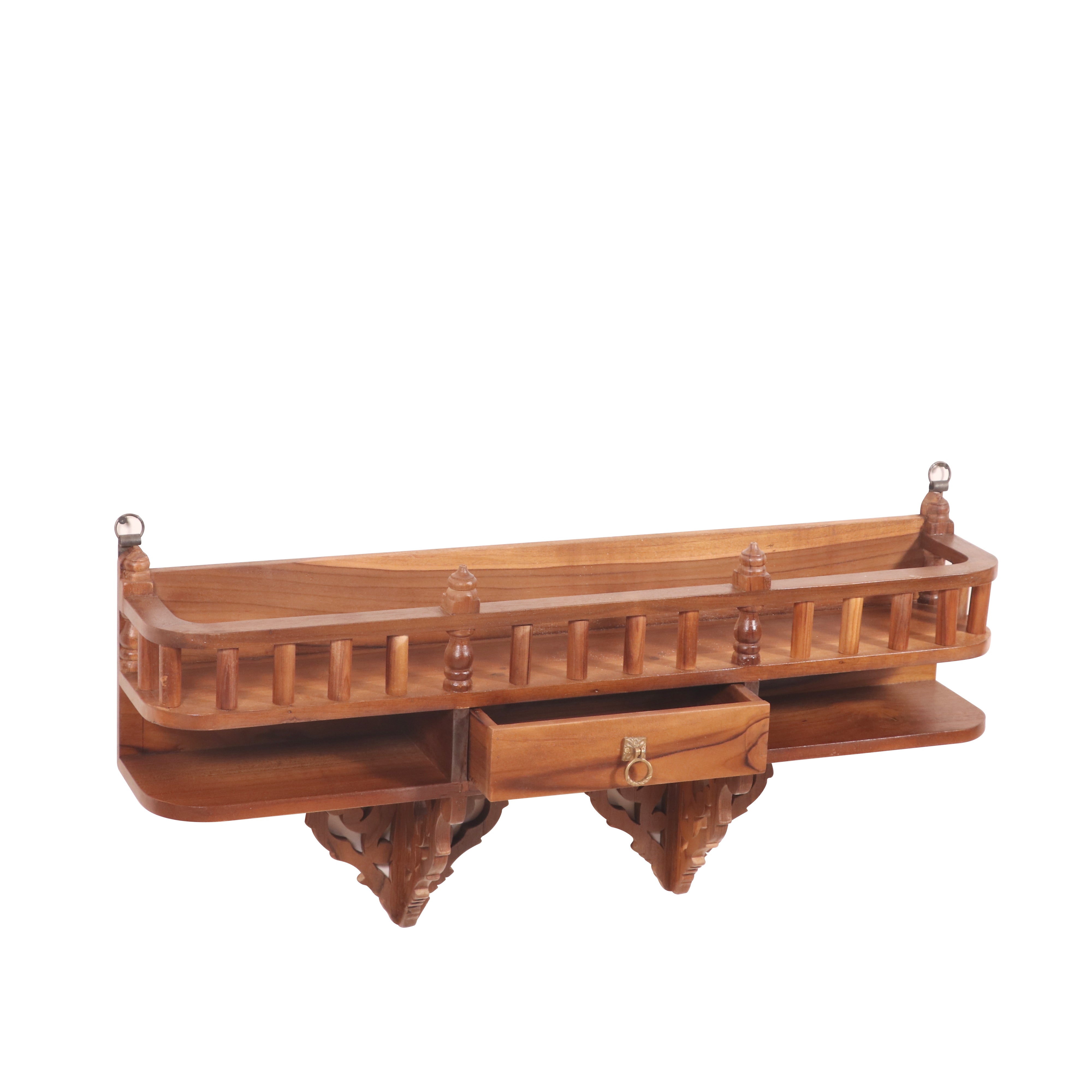 Teak wood wall rack (Bracket) with single drawer & traditional railing Rack