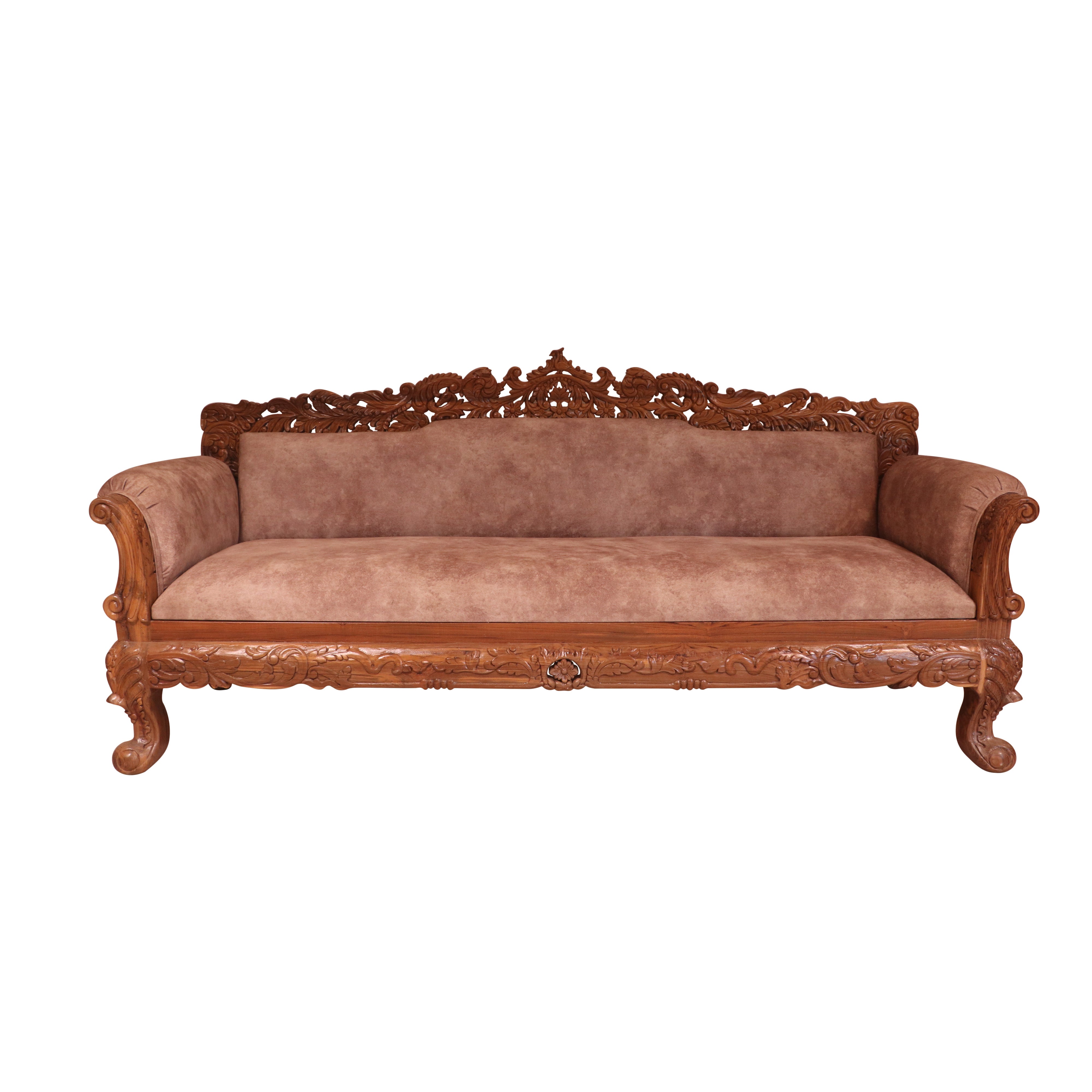 Light finish Royal Carved Teak wood 3 Seater Sofa Sofa