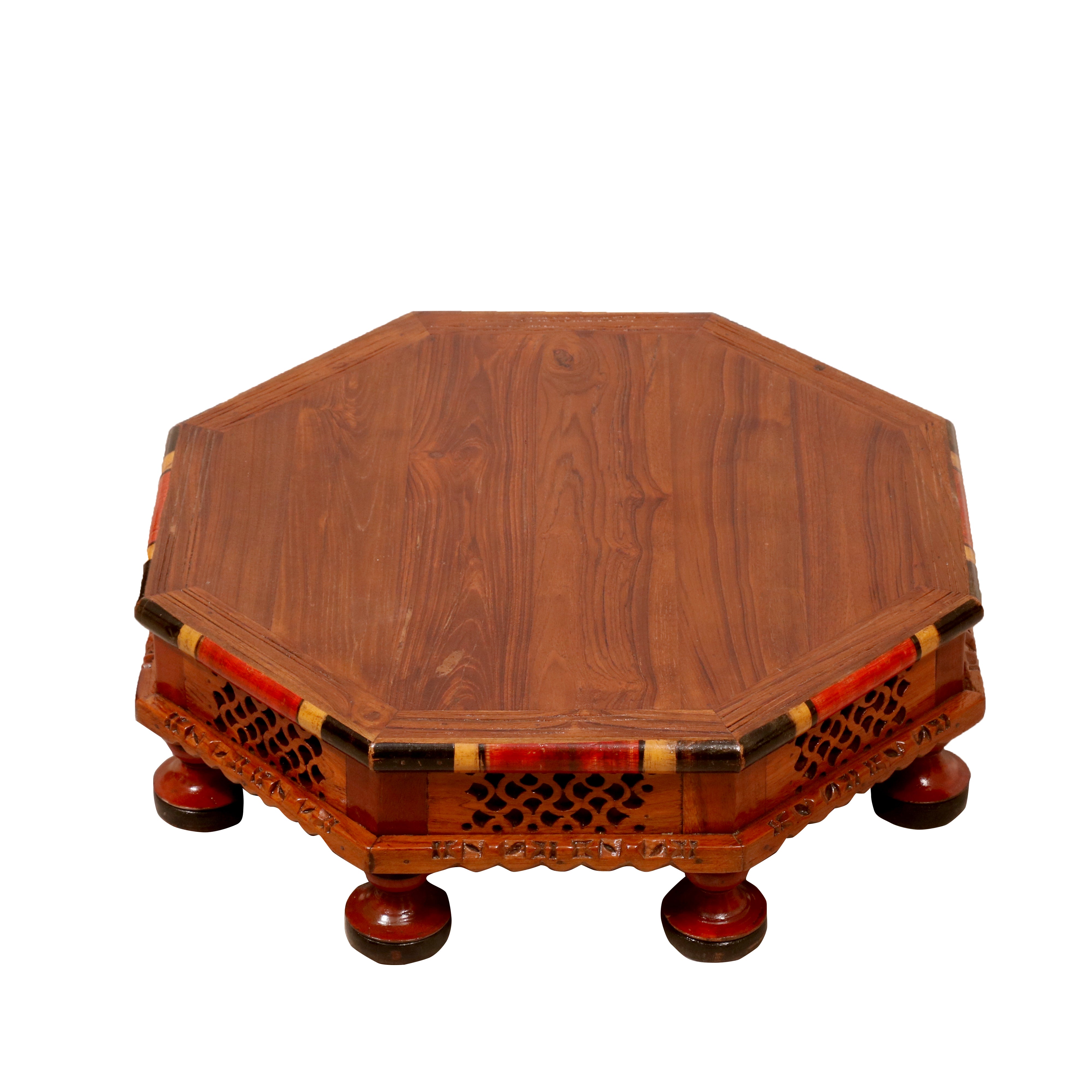 Hexagonal Intricate Carved Panted TEAK Wood Bajot Bajot