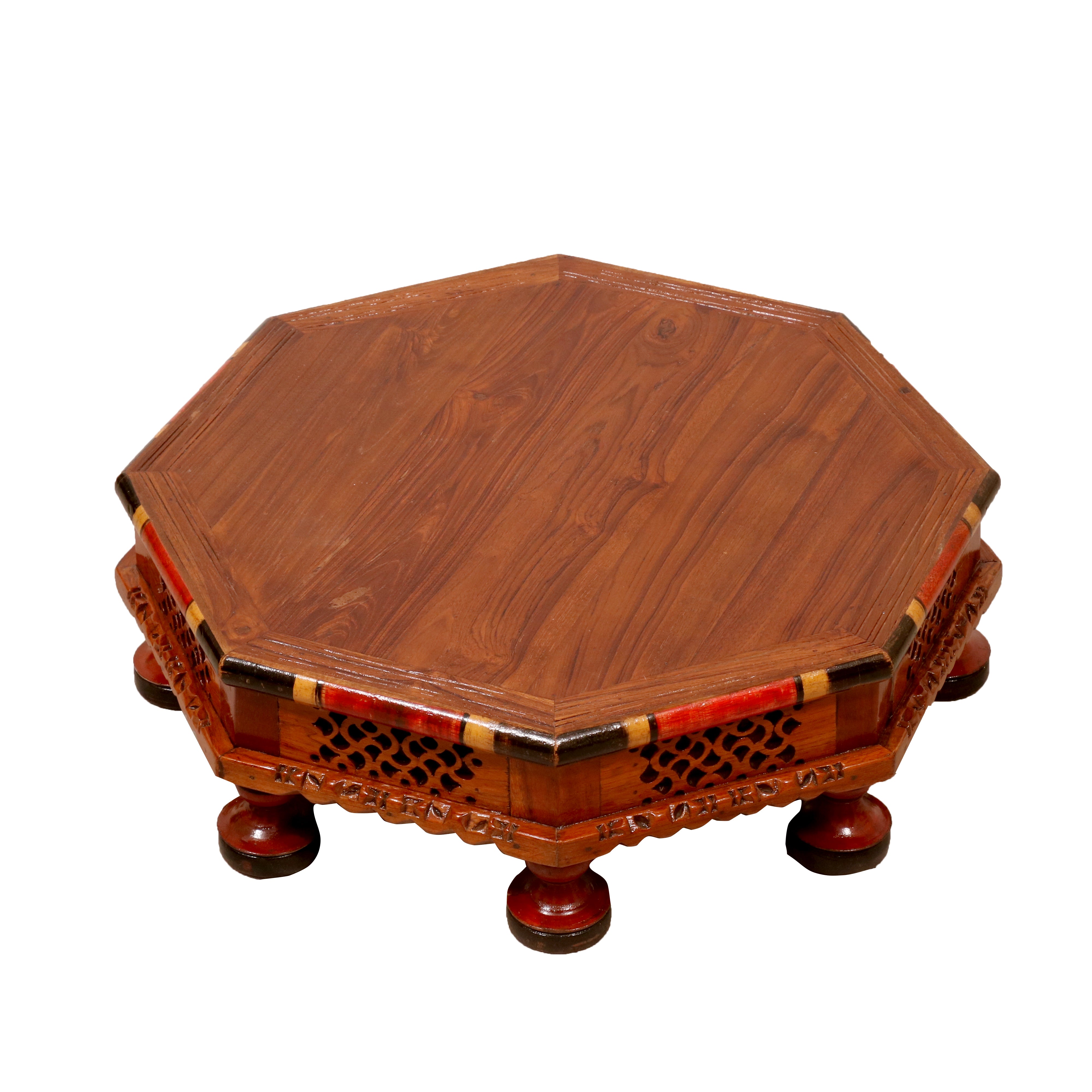 Hexagonal Intricate Carved Panted TEAK Wood Bajot Bajot