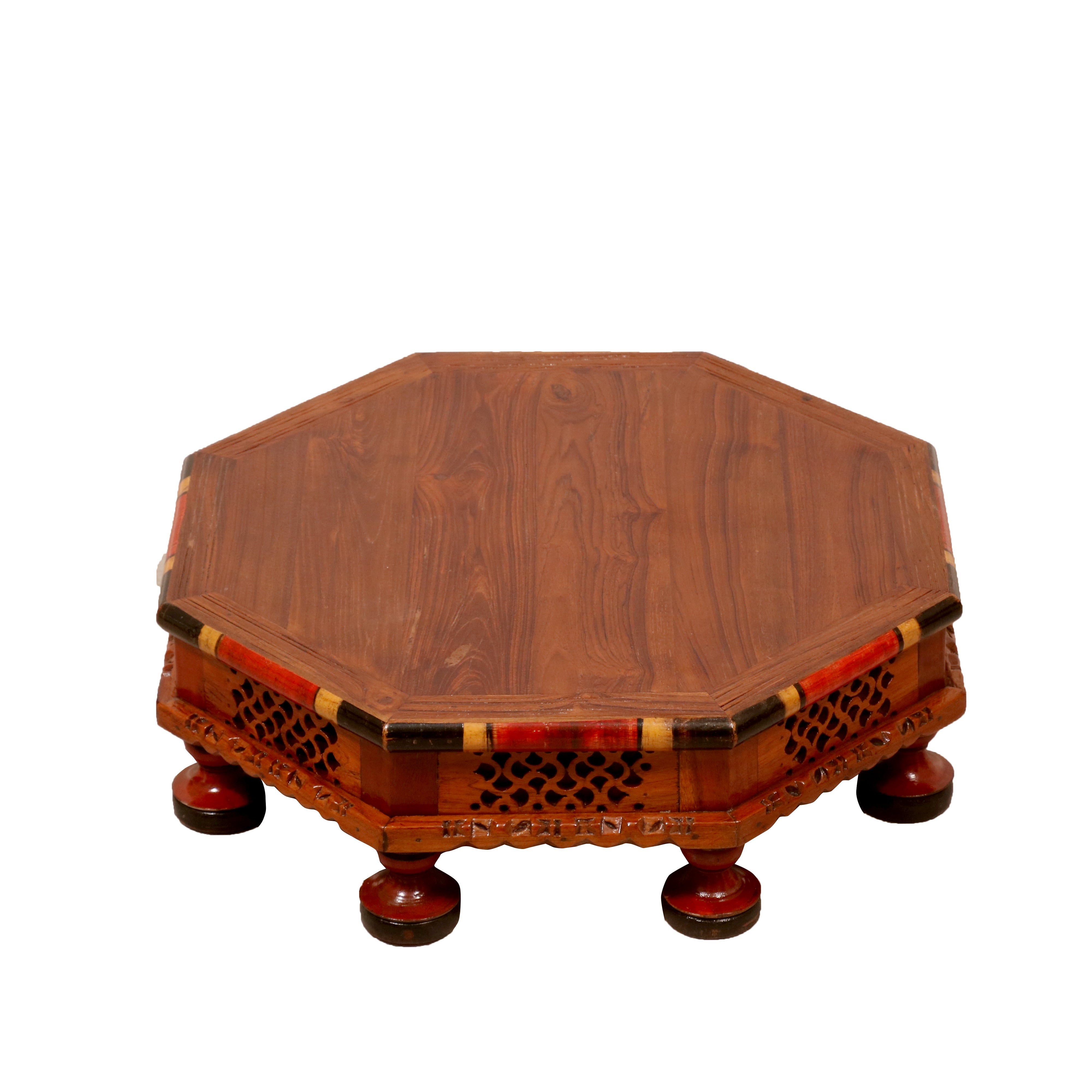Hexagonal Intricate Carved Panted TEAK Wood Bajot Bajot