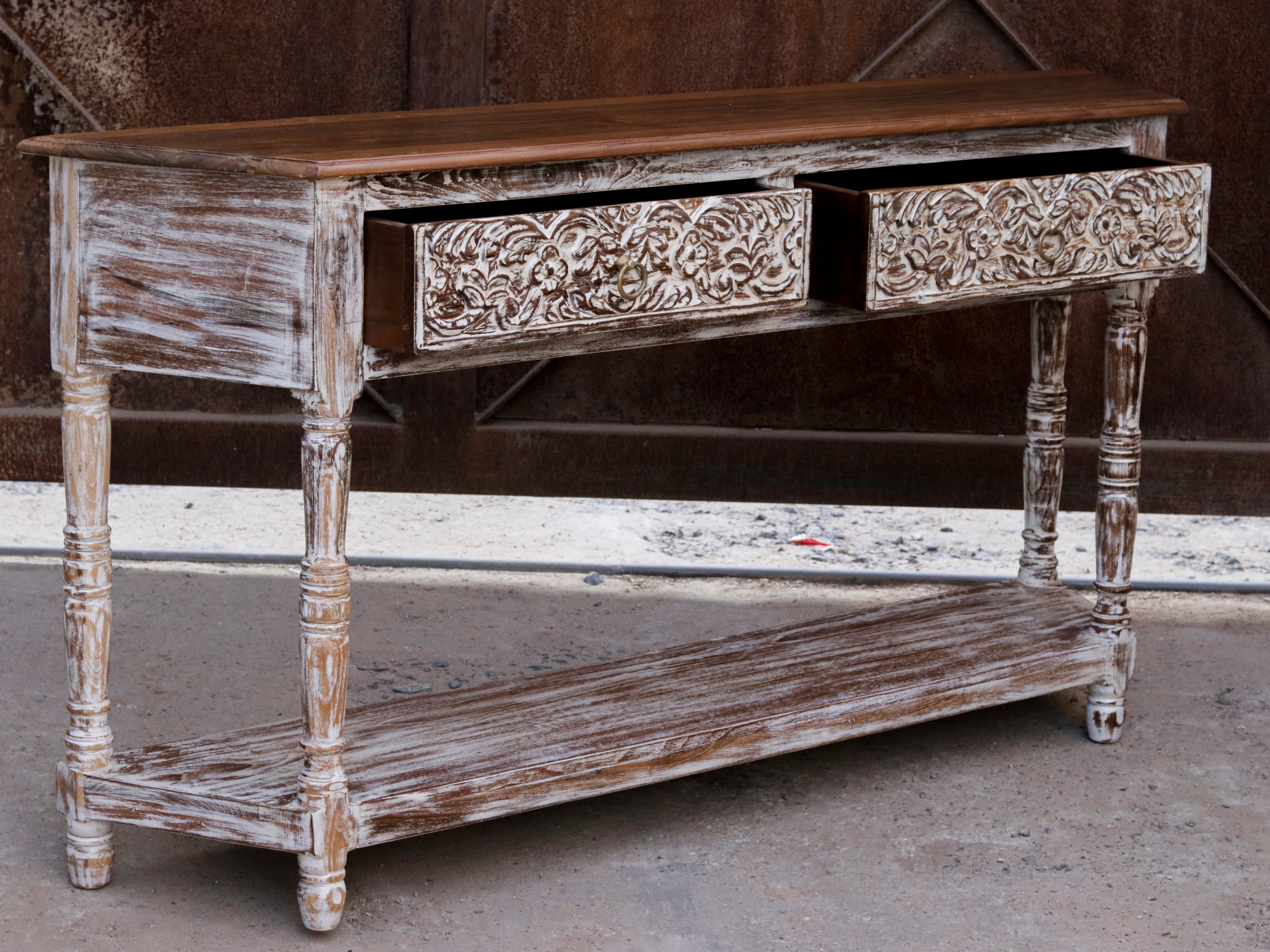 Aesthetic Vintage White Distressed Finished Wooden Console Table Console Table