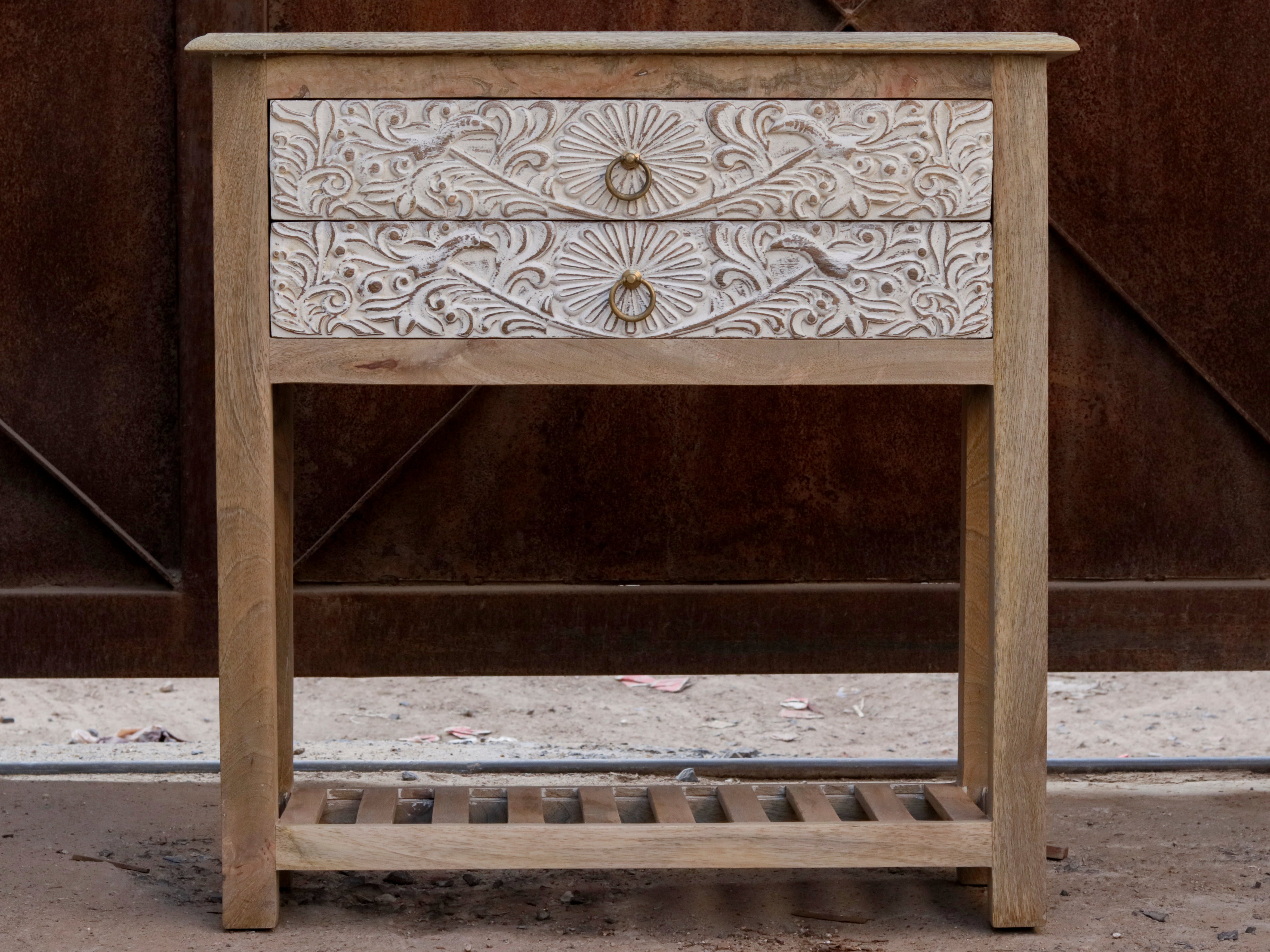 White Distressed Carved Double Drawer Wooden Handmade Drawer's Chest Drawer's Chest