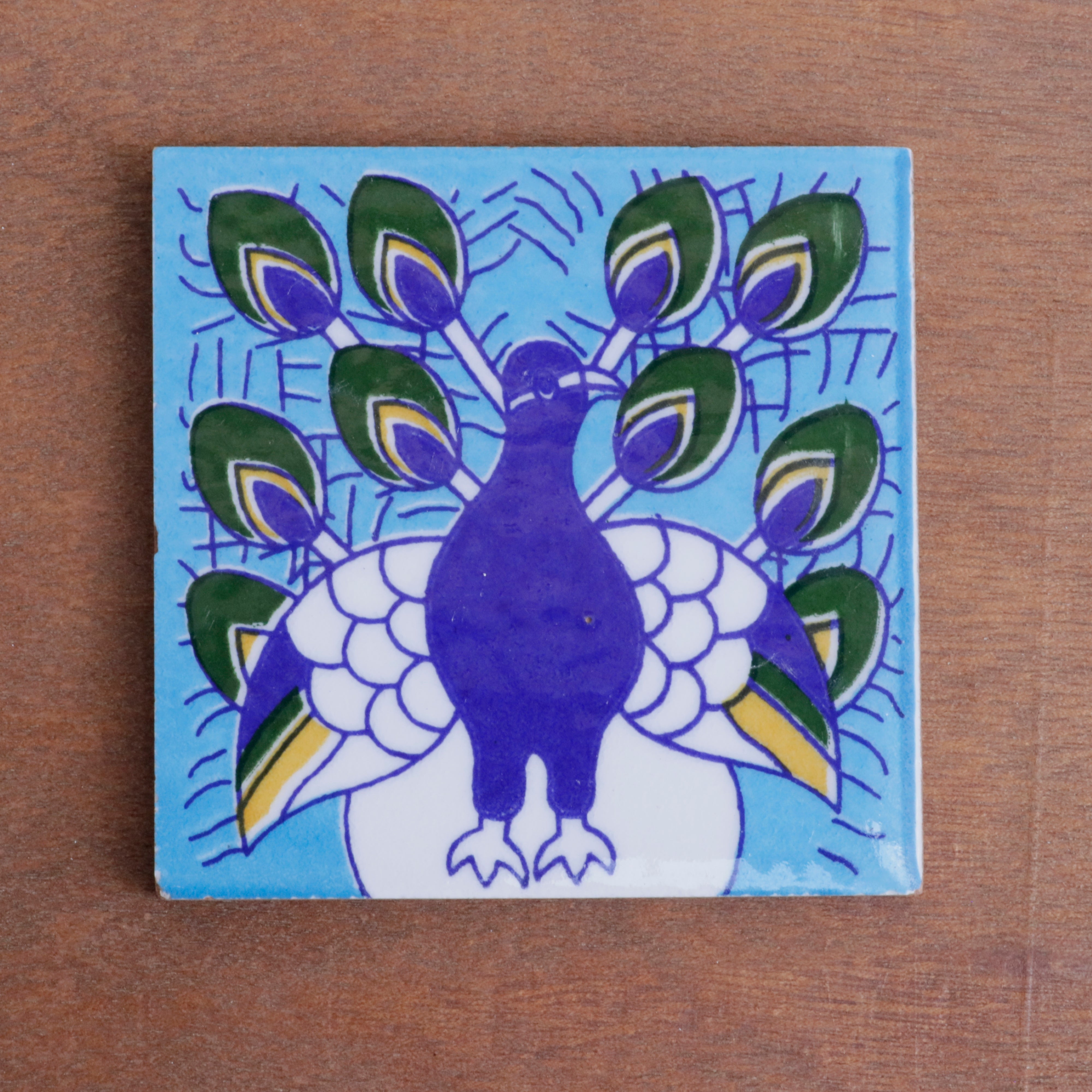 Evergreen Bold Blue Peacock Designed Ceramic Square Tile Ceramic Tile