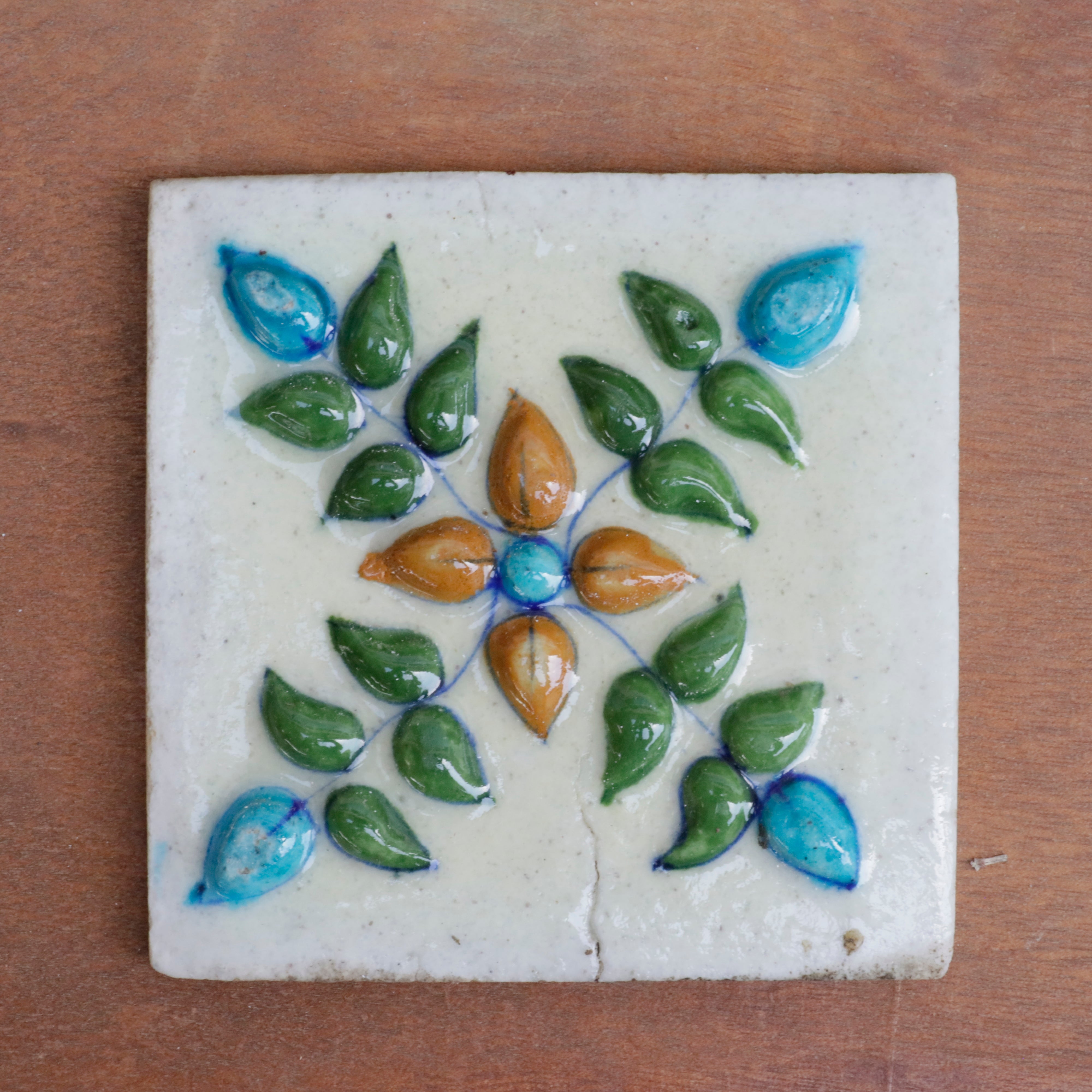 Irish Vintage Embossed Flower Designed Ceramic Square Tile Set of 2 Ceramic Tile