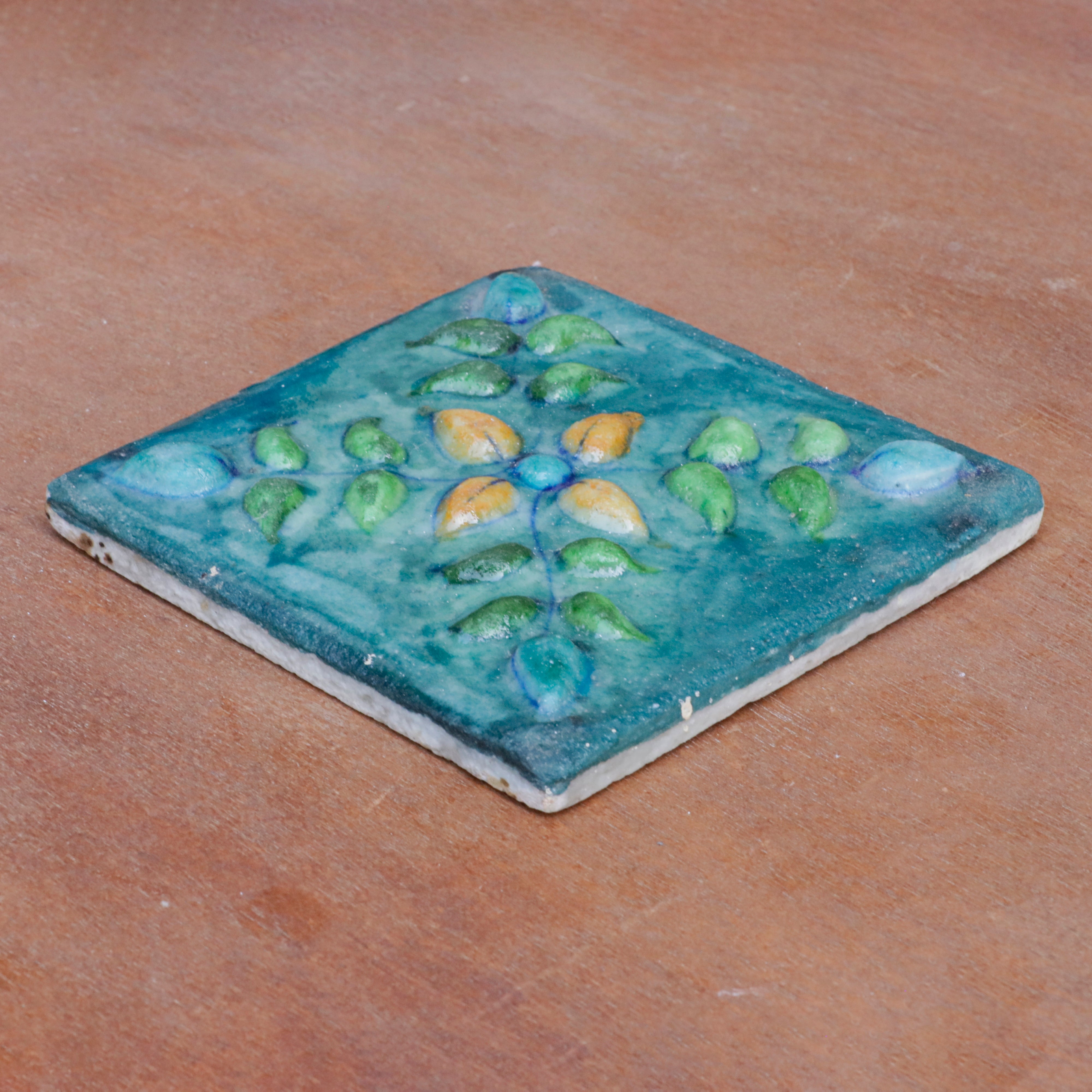 Royal Bourbon Embossed Flower Designed Ceramic Square Tile Set of 2 Ceramic Tile