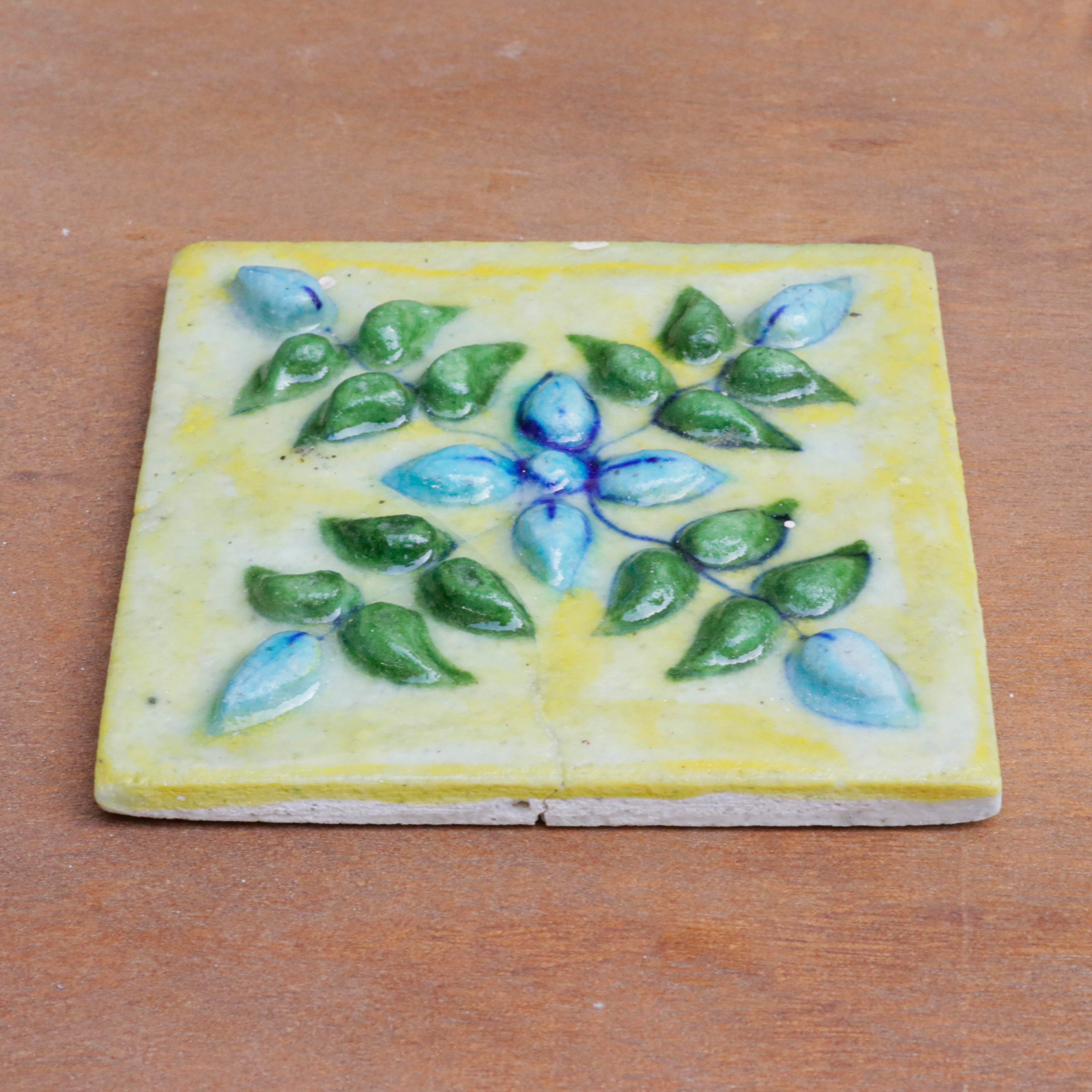 Evergreen Rich Embossed Flowered Designed Ceramic Square Tile Set of 2 Ceramic Tile