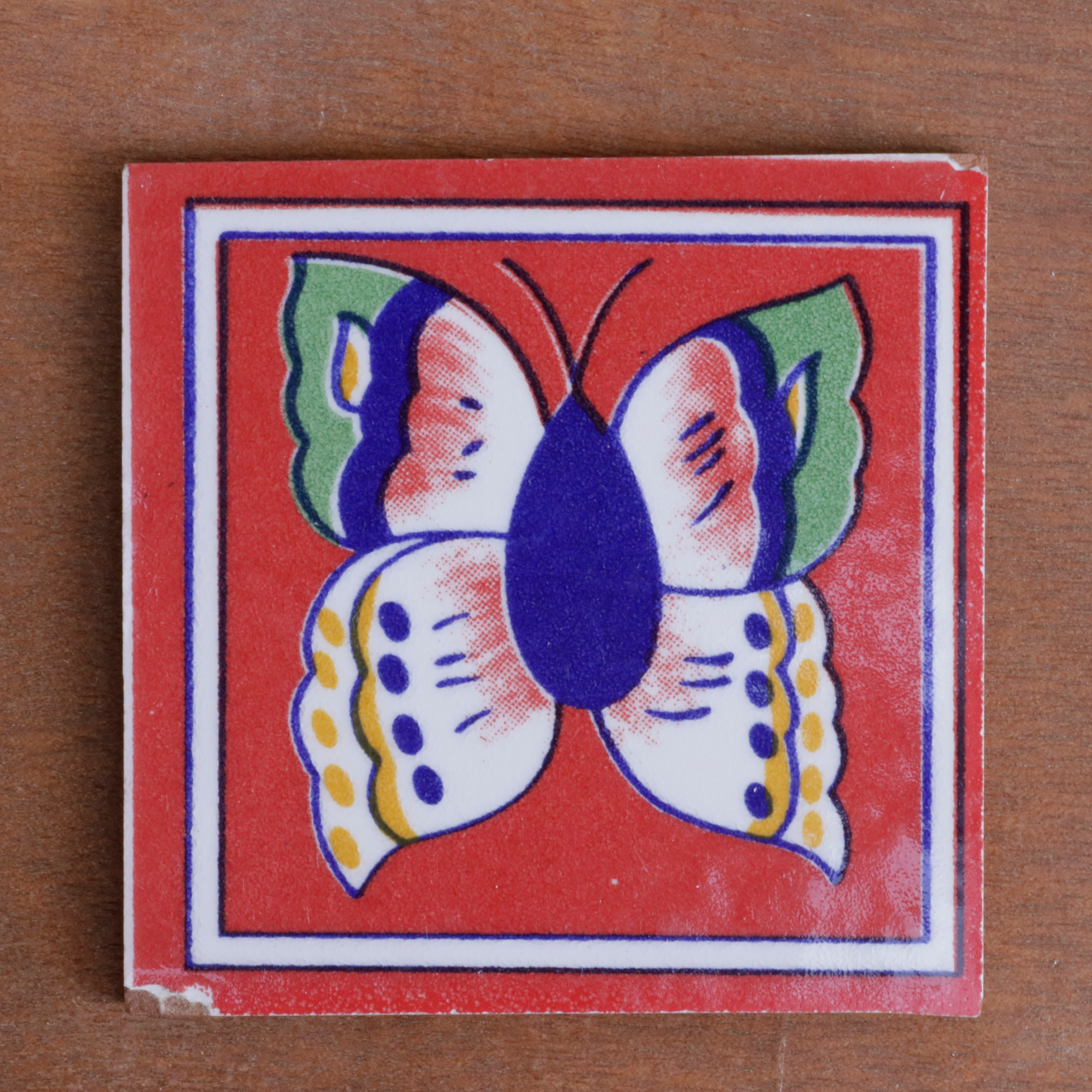 Vintage Peach Butterfly Designed Square Ceramic Tile Set of 2 Ceramic Tile