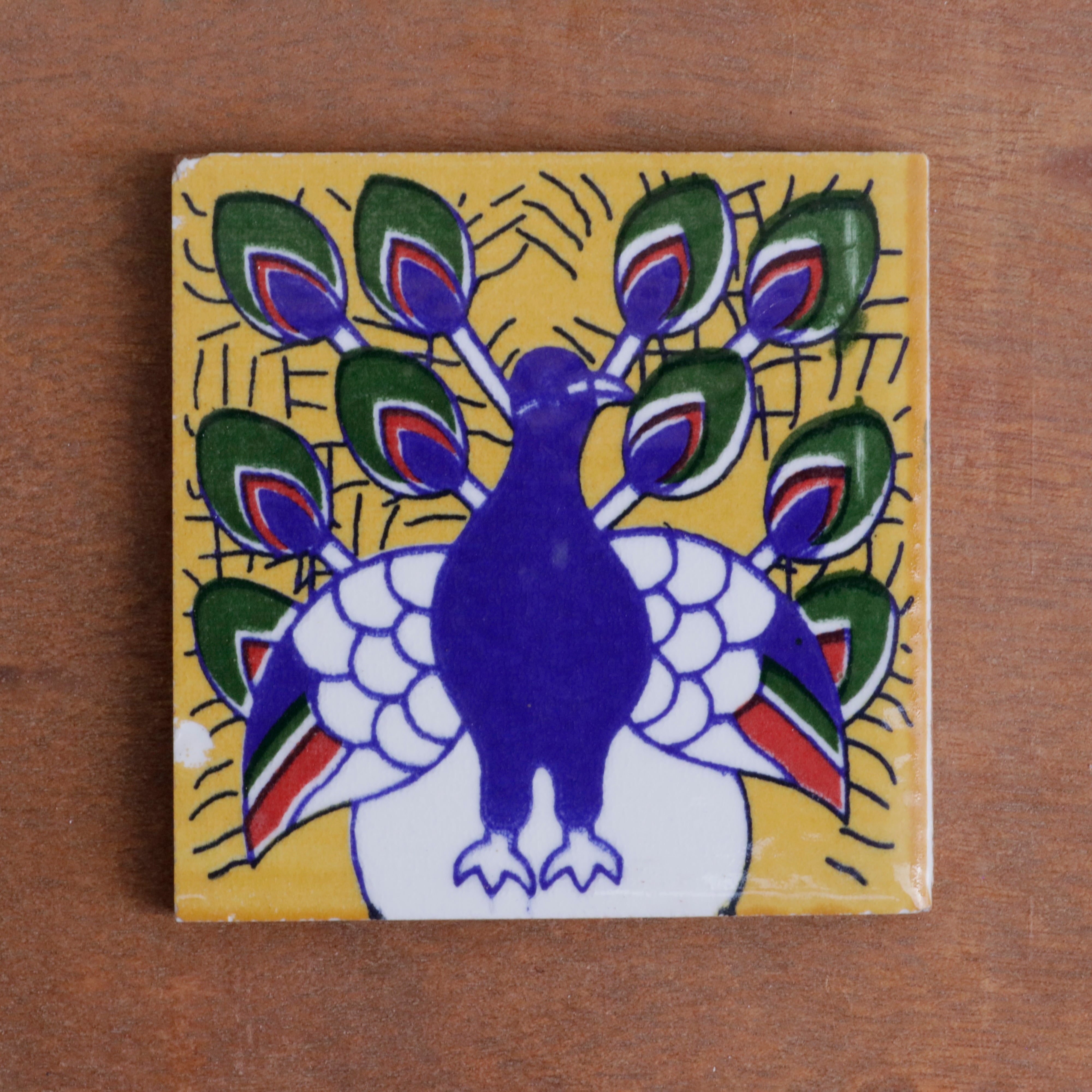 Antique Bold Blue Peacock Designed Ceramic Square Tile Set of 2 Ceramic Tile