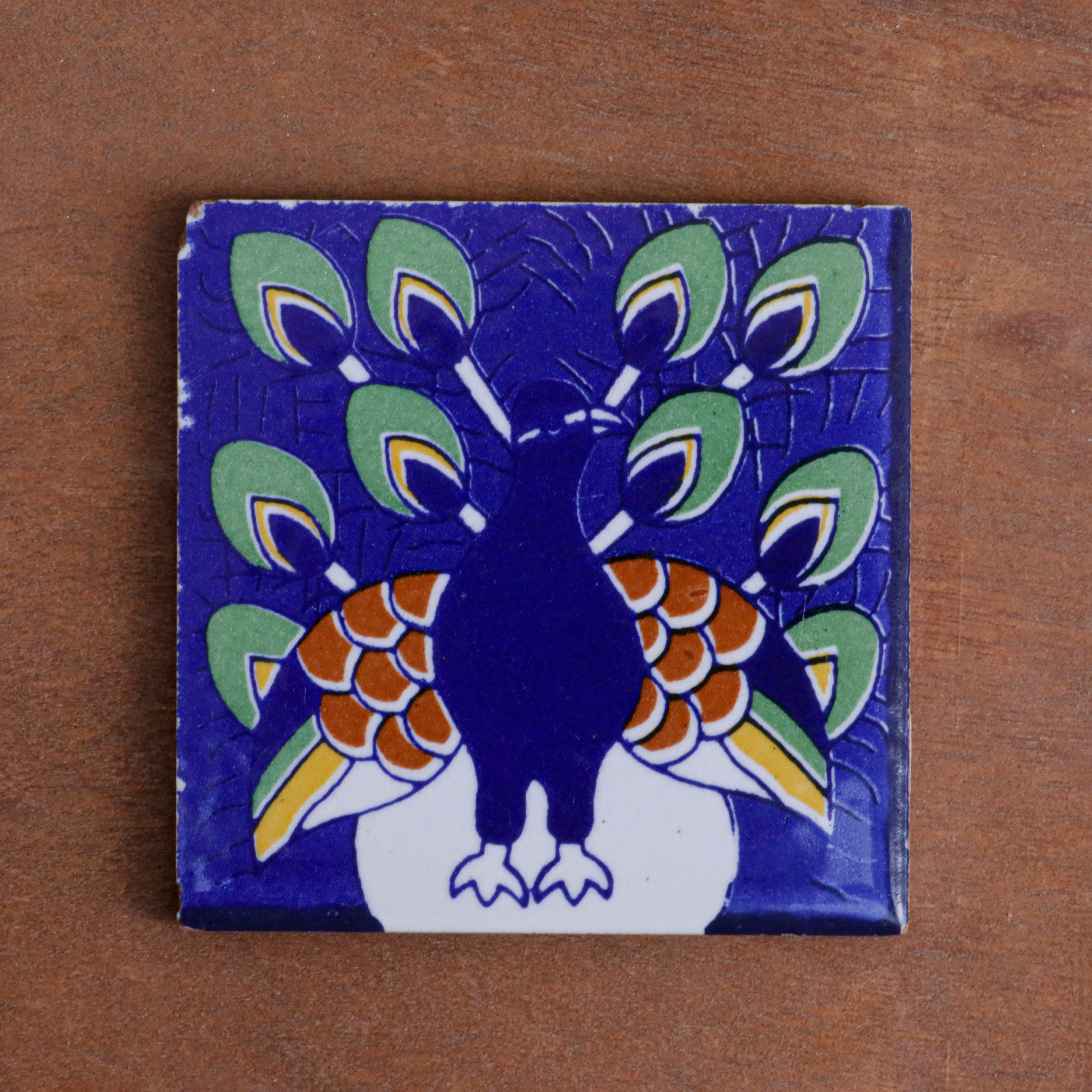Glamour Bold Blue Peacock Designed Ceramic Square Tile Set of 2 Ceramic Tile
