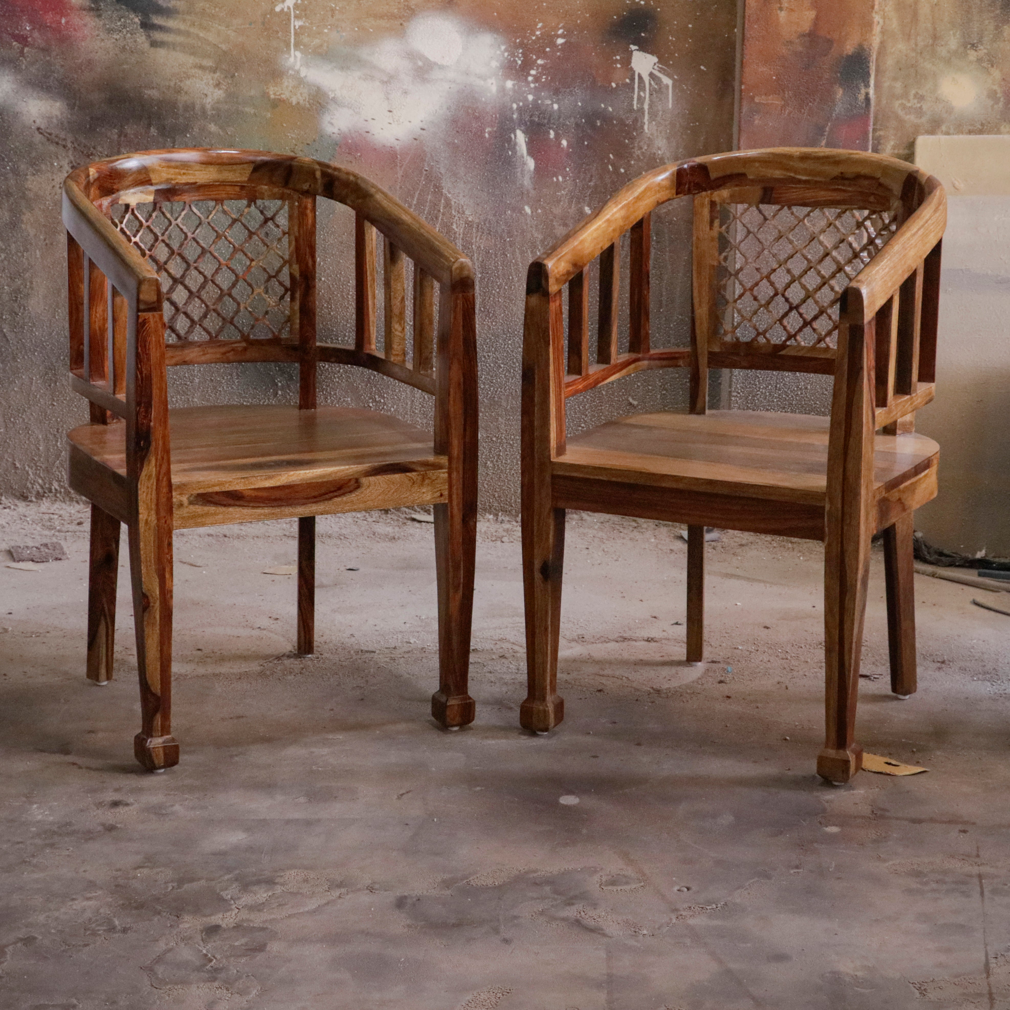Vintage Natural Brown Finished Wooden Handmade Chair Set of 2 Arm Chair