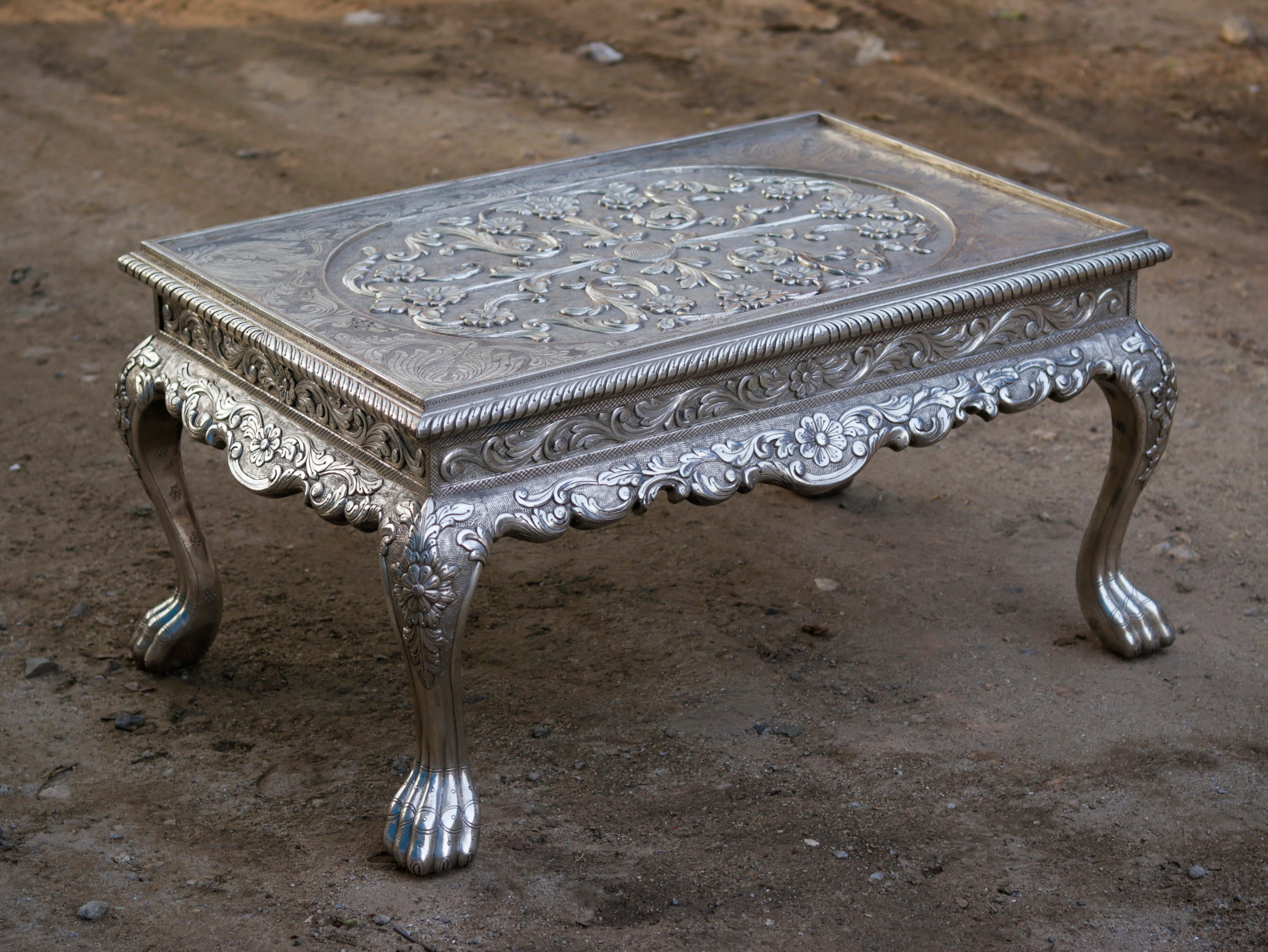 White Metal Fitted Intricate Carved Design Coffee Table Silver Finishing Coffee Table