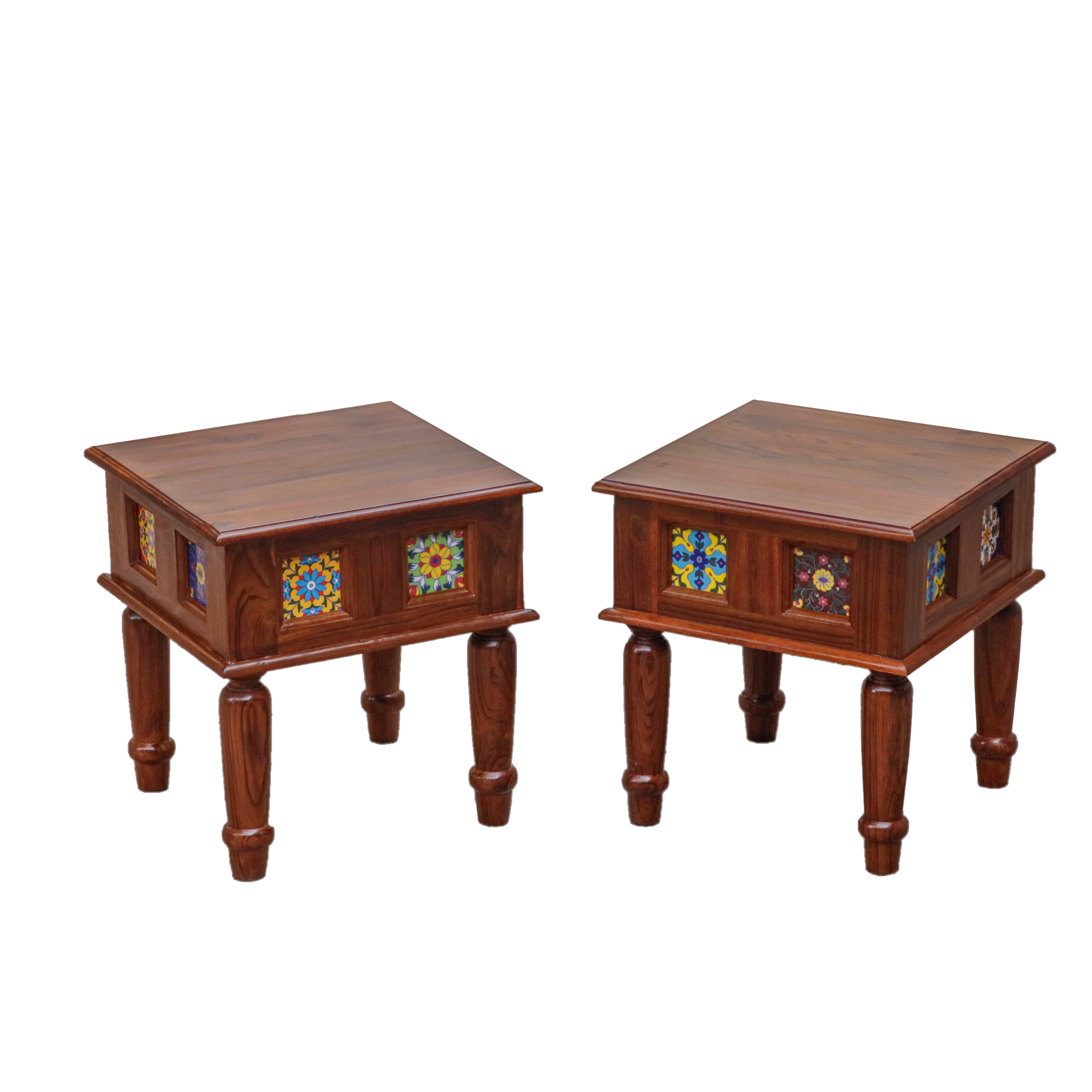 Aesthetic Round Leg Vintage Small Wooden Table with Tile (Set of 2) Bedside