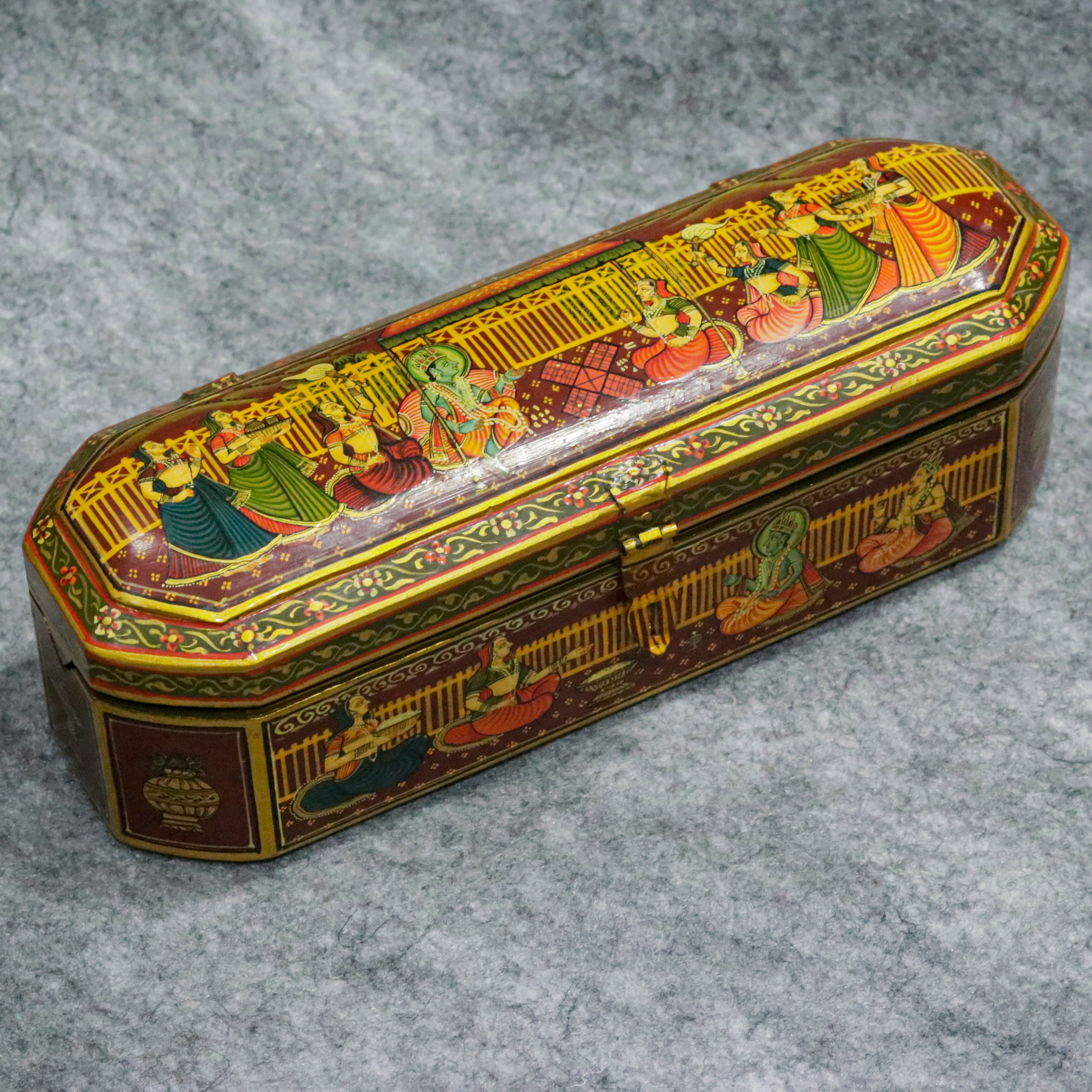 Hand Painted indian folk traditional jeweler box with multiple slot Wooden Box