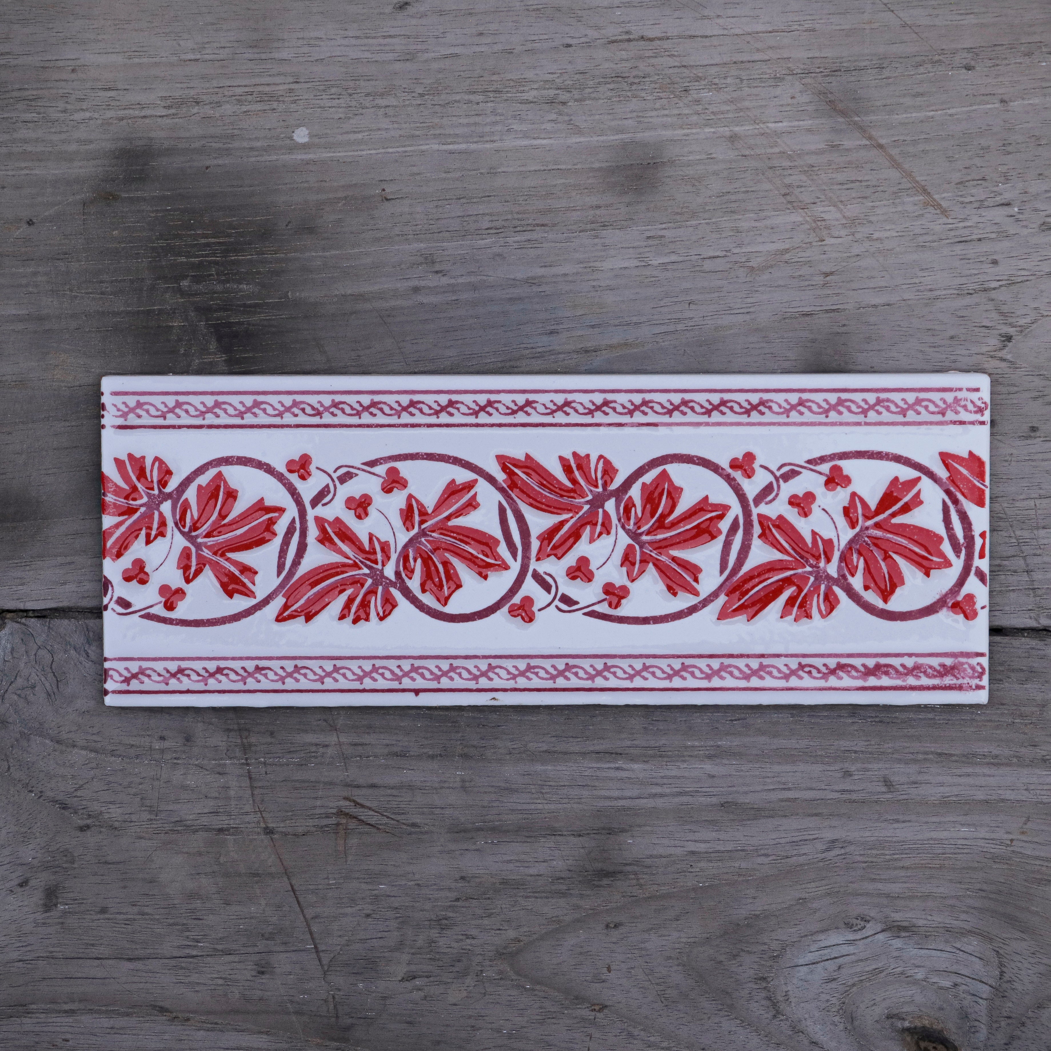 Red Cherry Leaf Designed with Red Strip Border Ceramic Tile Ceramic Tile