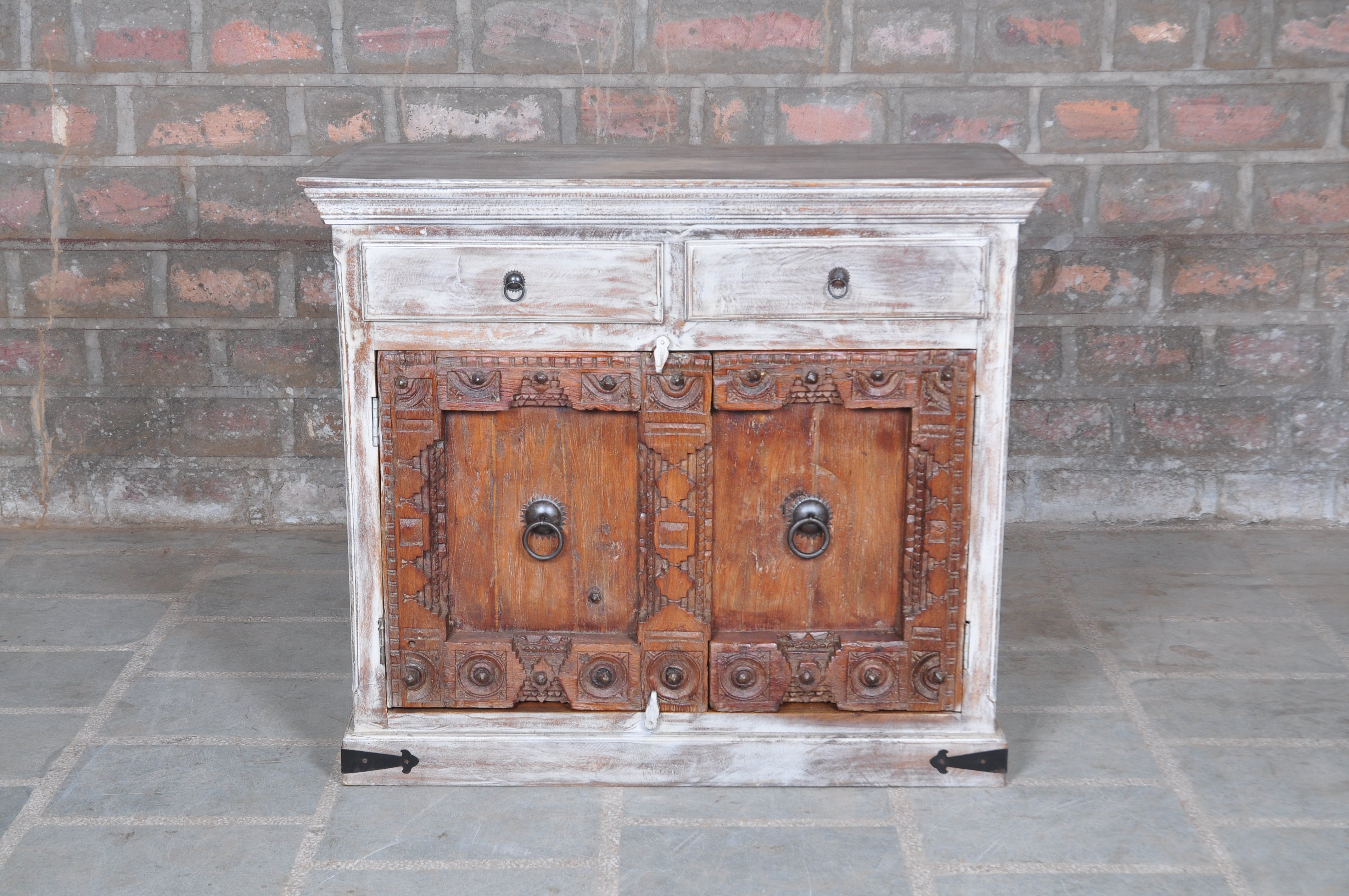 Ethnic Double Drawer White Distressed Handmade Wooden Side Board for Home Cupboard