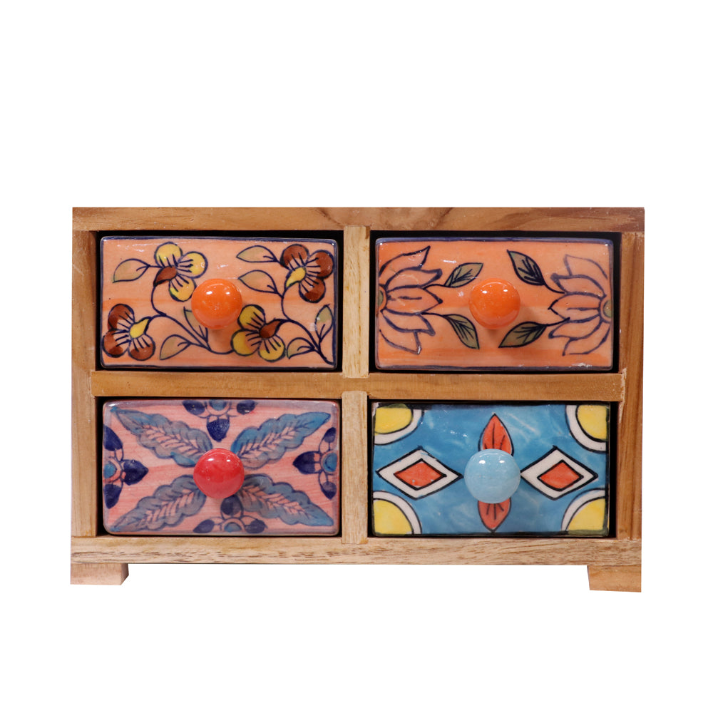 2+2 Wide teak wood ceramic drawer chest Desk Organizer