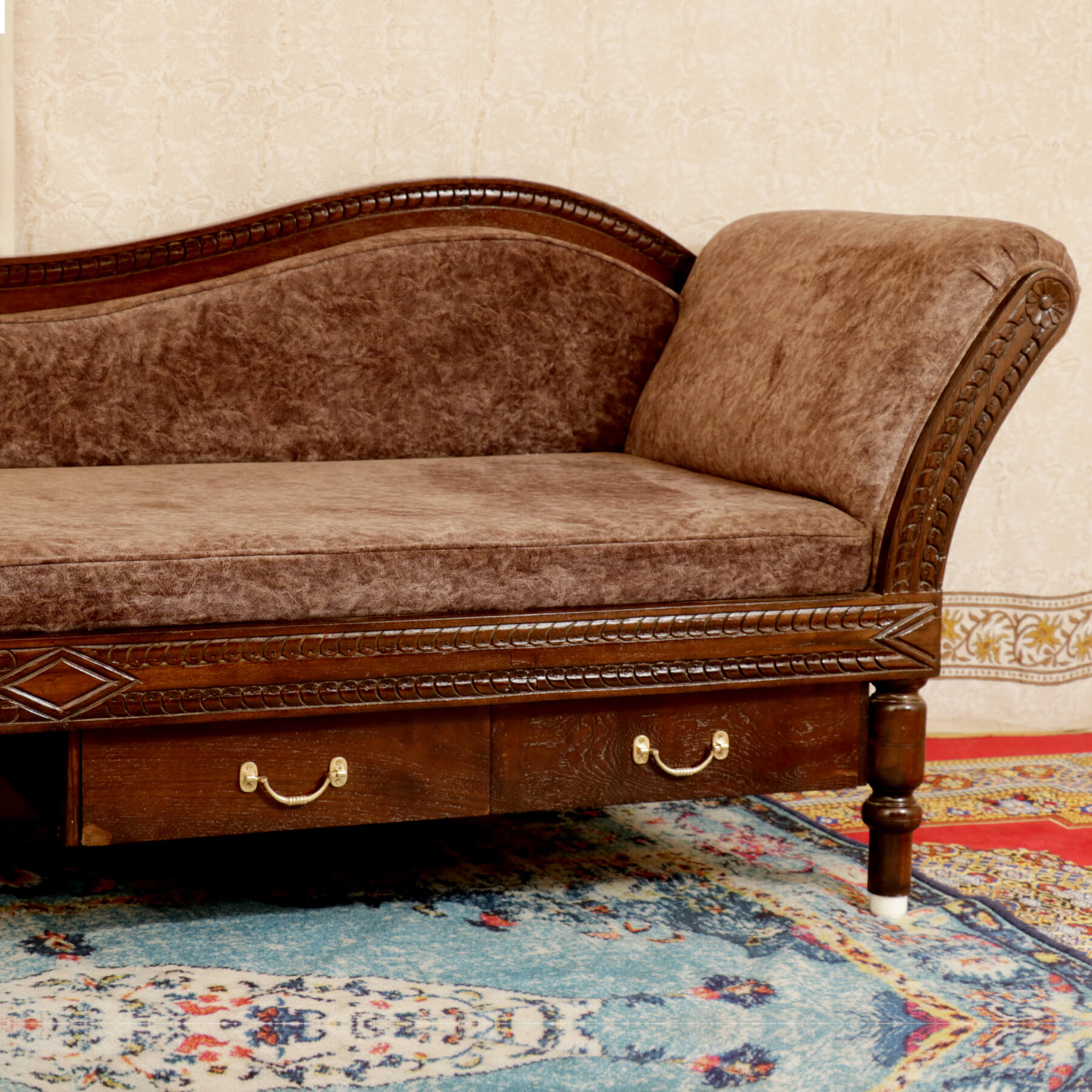 Brown Three Seater Comfy Sofa with Two Drawers Sofa