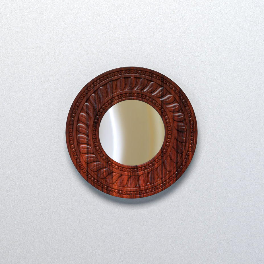 Elegant Teak Wood Round Mirror Adorned with Intricate Carving Design Mirror