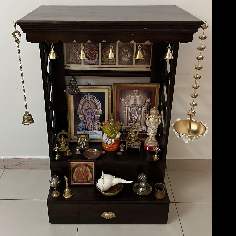 Sheesham wood brass bell single drawer multiple step temple Temple