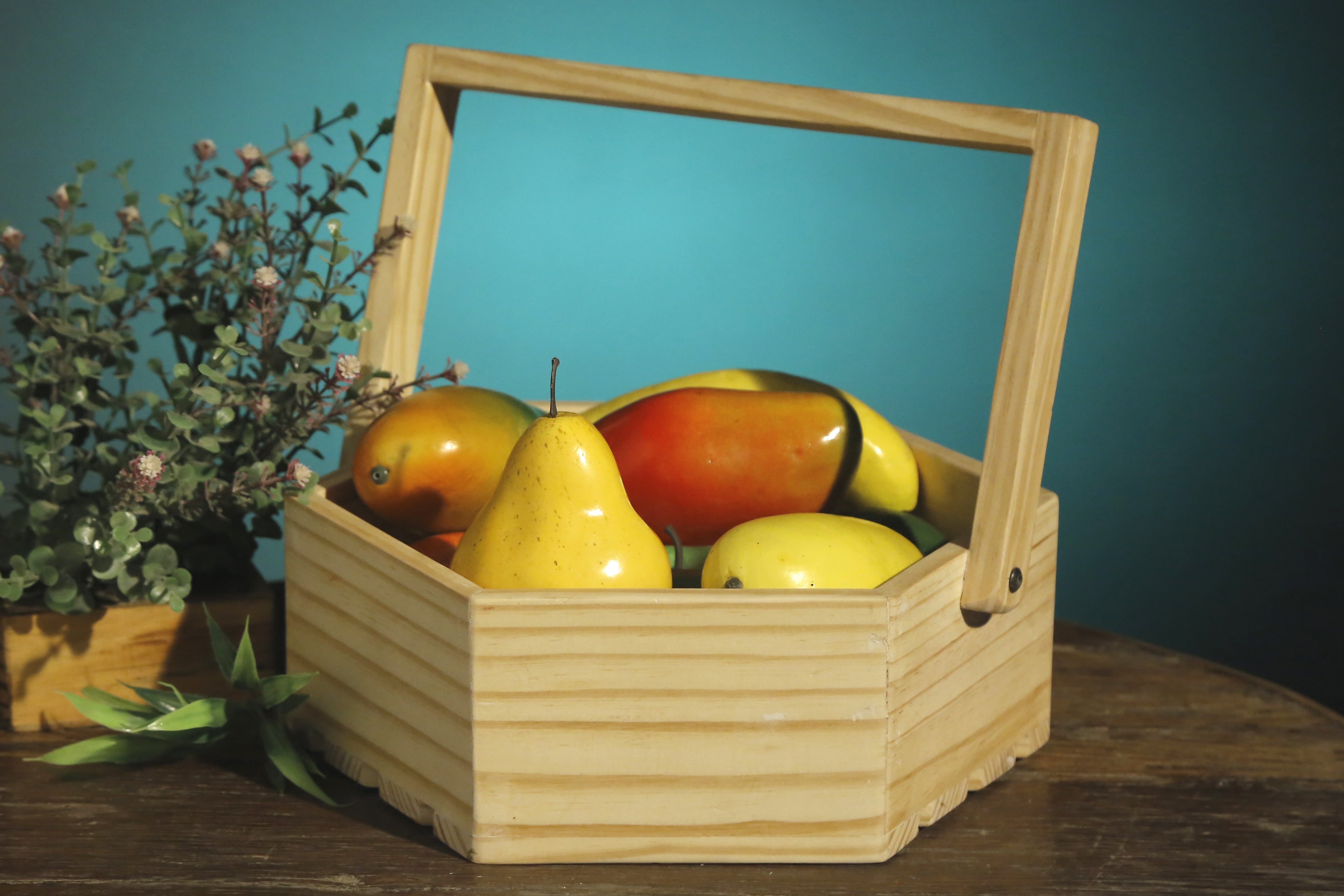 Wooden Hexagonal Tray with Handle Crate