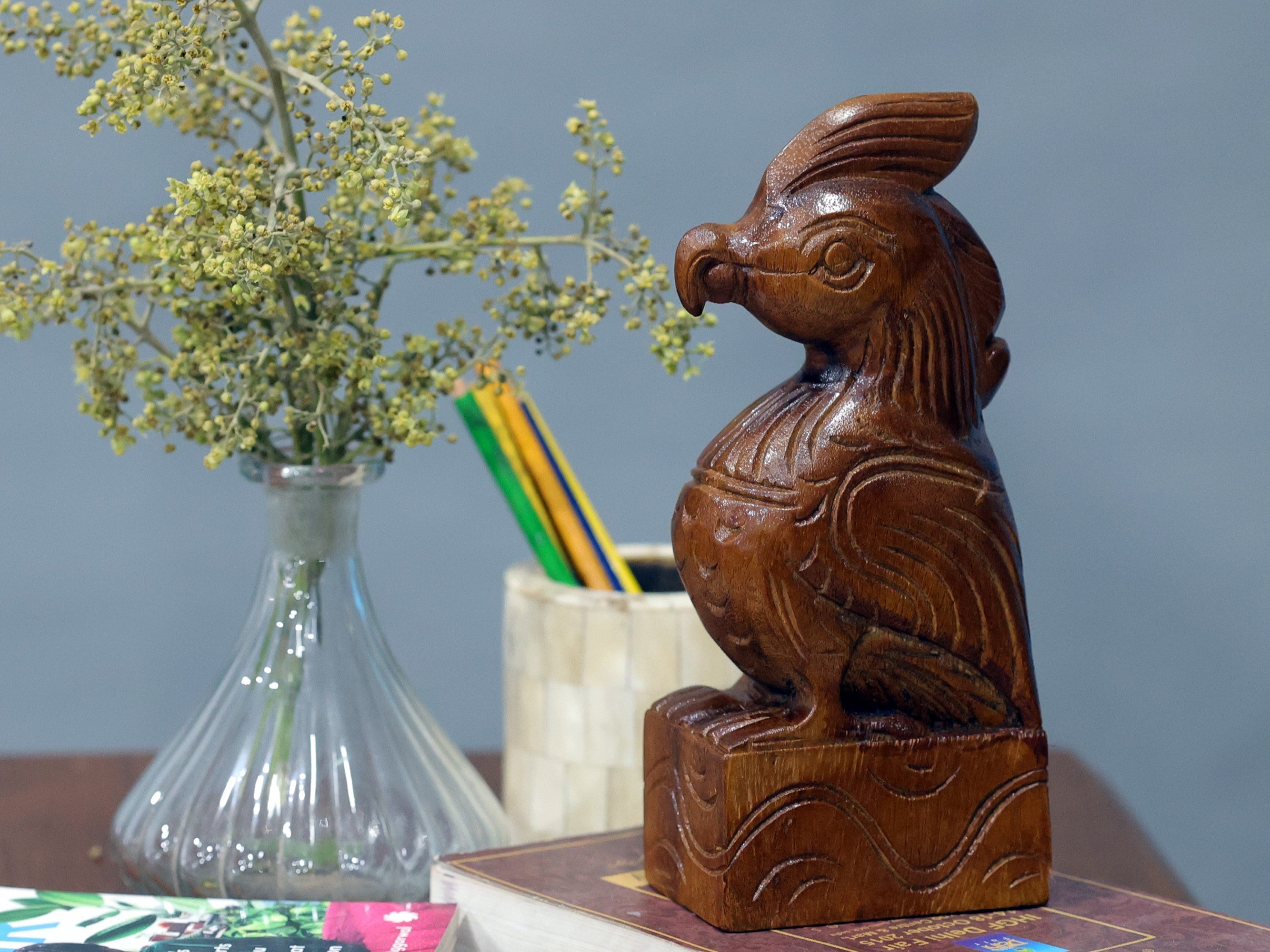 Wooden Intricate Carved Bird Self Standing Decor Animal Figurine