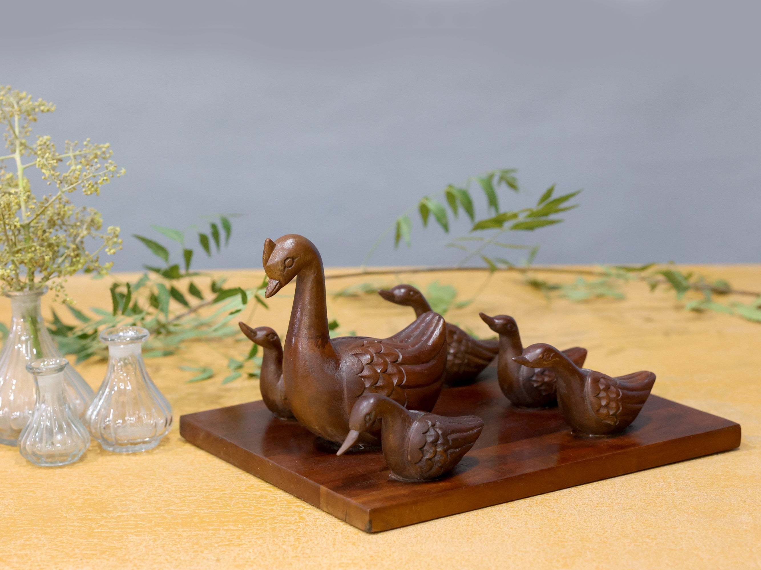 Wooden Swan Group Showpiece Animal Figurine
