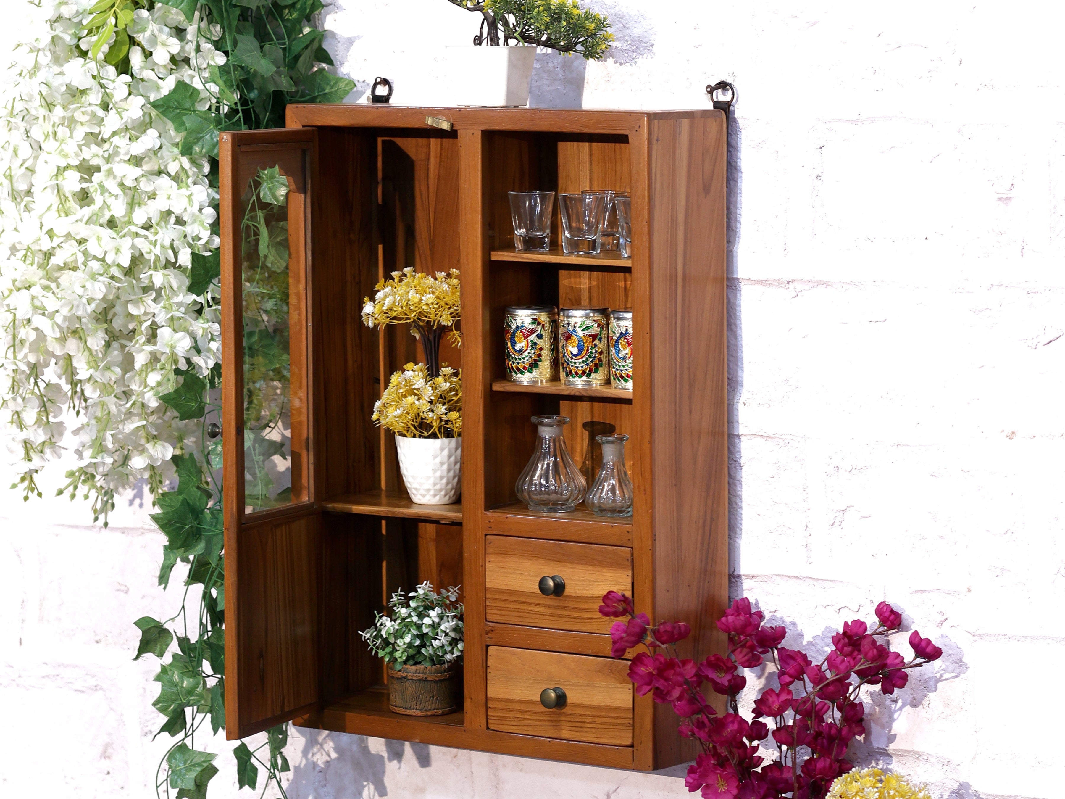 1 Door 3 Shelf with 2 Drawers Wooden Teak Wall Cabinet Wall Cabinet
