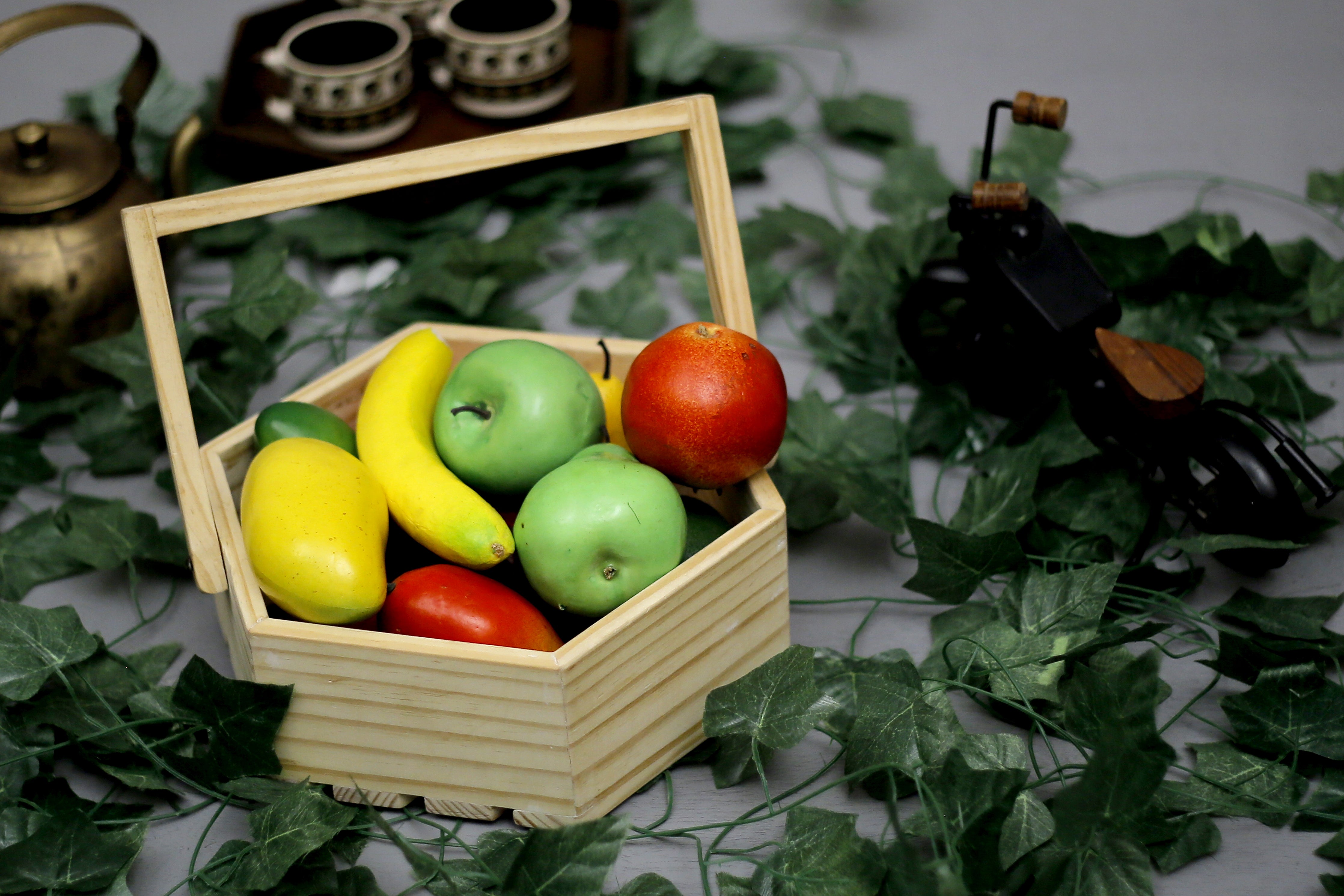 Wooden Hexagonal Tray with Handle Crate