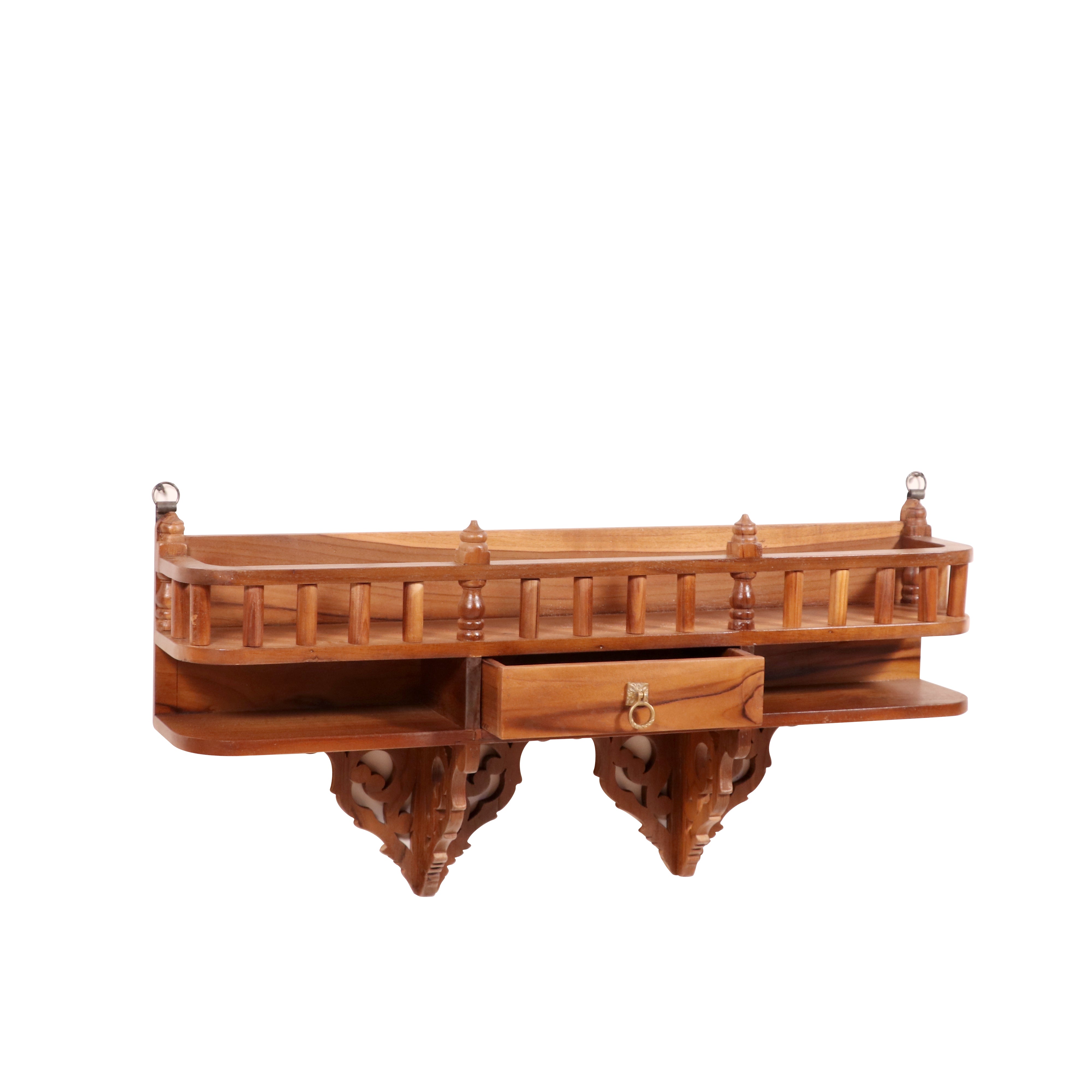Teak wood wall rack (Bracket) with single drawer & traditional railing Rack
