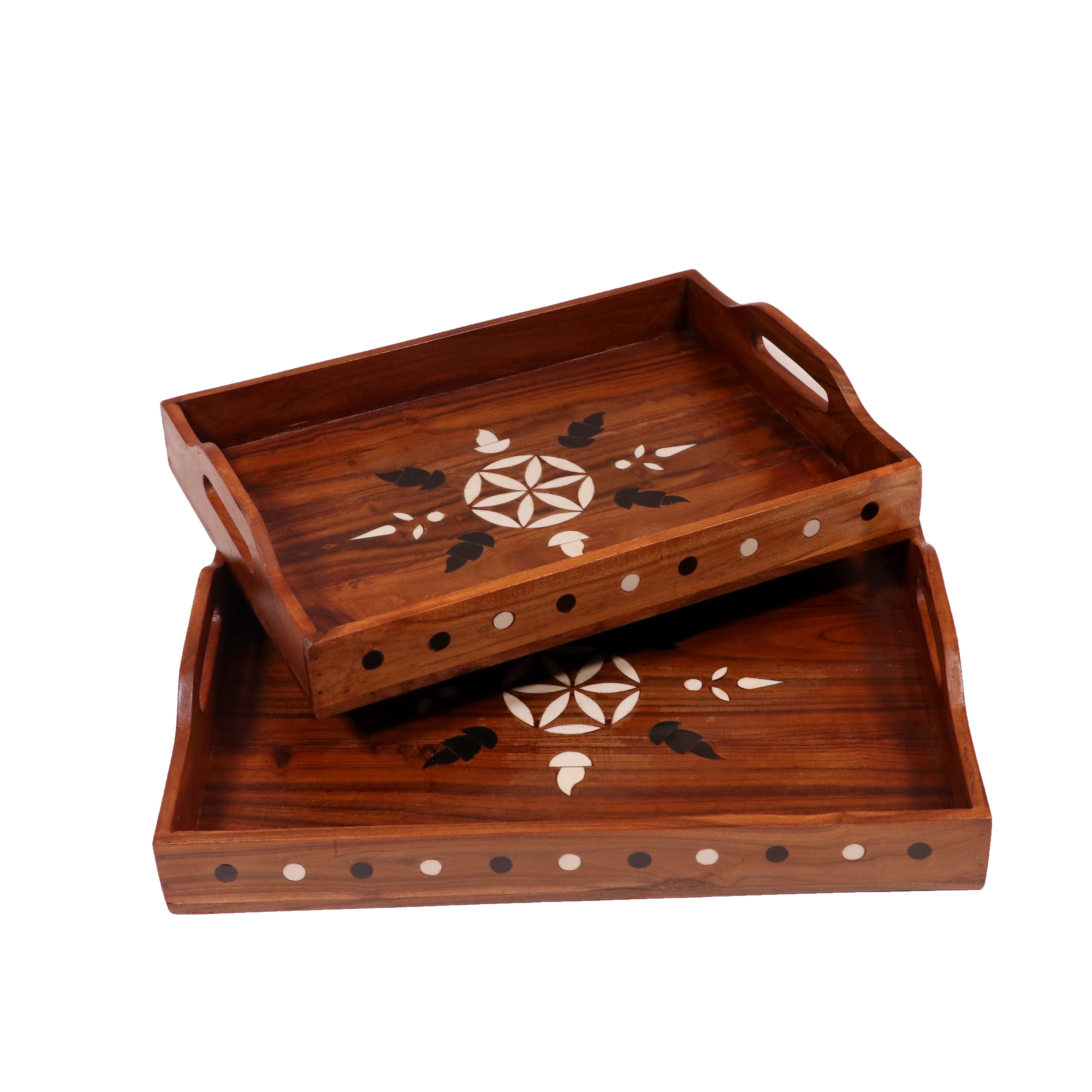 Fusion Flower Inlay Designed Wooden Handmade Tray - Set of 2 Tray